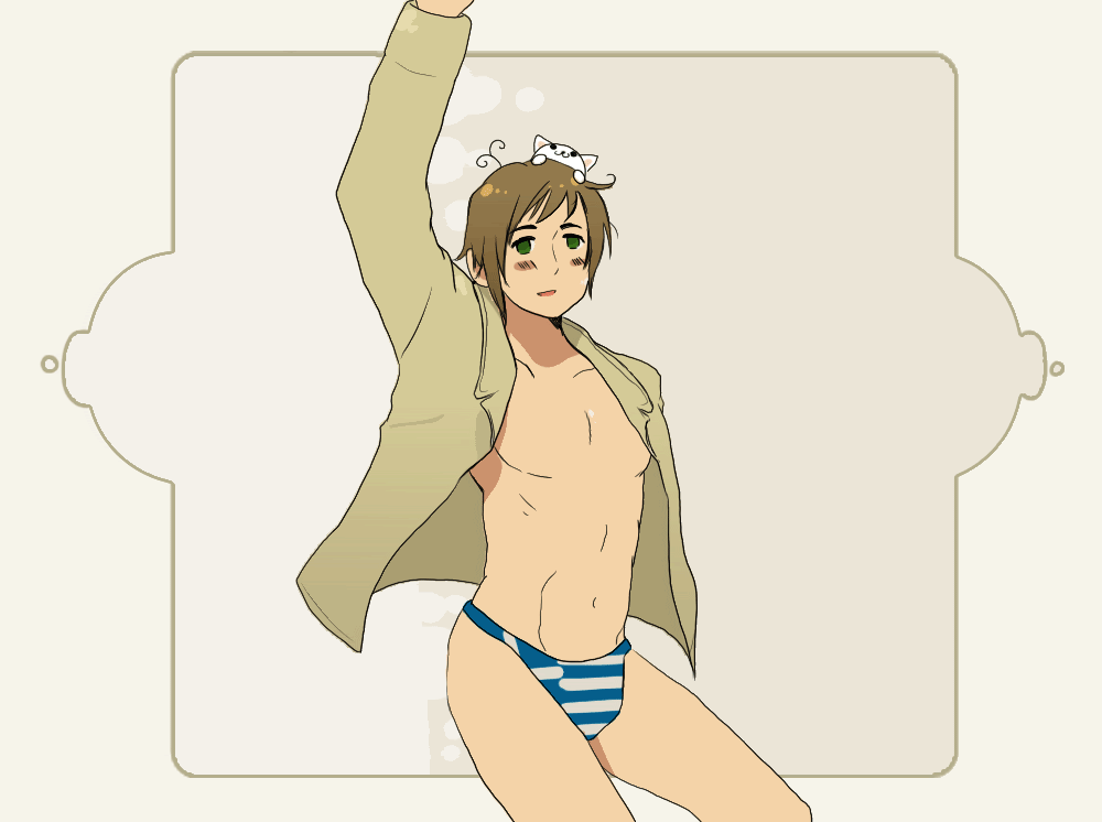 greece (hetalia), axis powers hetalia, animated, animated gif, blush, brown hair, dancing, green eyes, male focus, open clothes, open shirt, shirt, short hair, solo, underwear