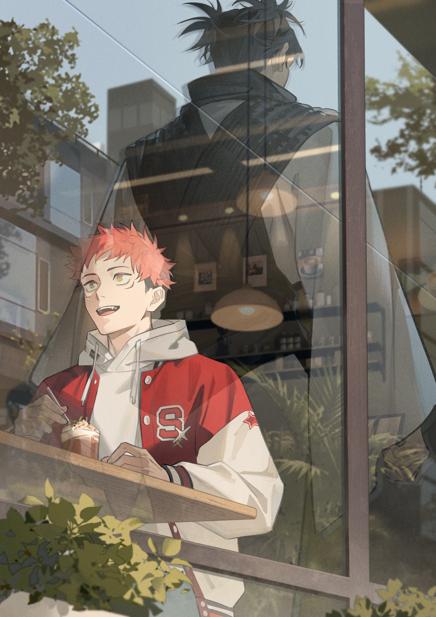 yunkai, choso (jujutsu kaisen), itadori yuuji, jujutsu kaisen, highres, 2boys, black hair, brothers, hood, hood down, hoodie, jacket, letterman jacket, looking ahead, male focus, multicolored hair, multiple boys, open mouth, pink hair, reflection, short hair, short twintails, siblings, sitting, standing, teeth, twintails, two-tone hair, undercut, walking, white hoodie, yellow eyes