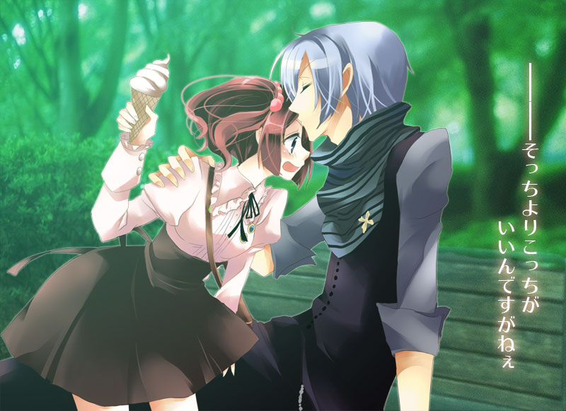 ico (pekoguest), amakusa juuza, ushiromiya ange, umineko no naku koro ni, silver hair, bad id, bad pixiv id, translation request, aged down, blush, food, hair bobbles, hair ornament, ice cream, kiss, kissing forehead, red hair, surprised