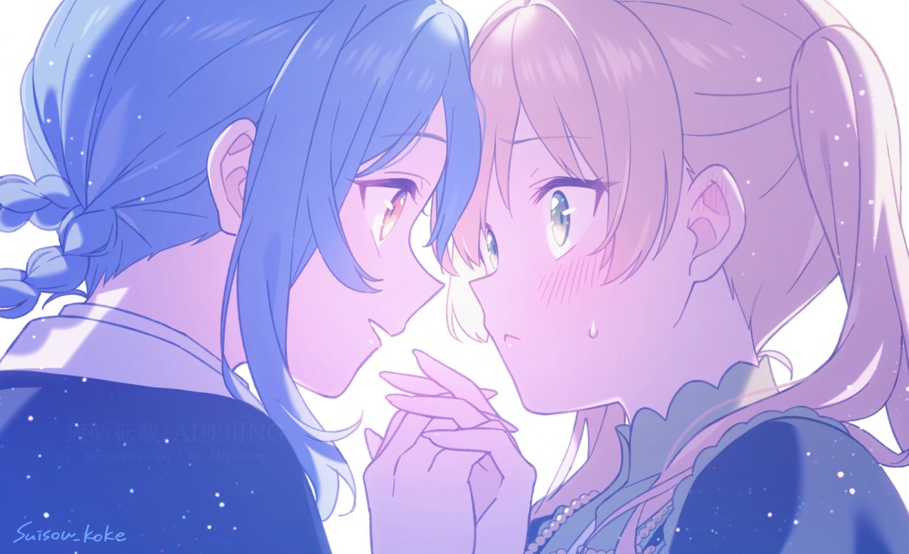 tachibana sherry, tono hanna, mahou shoujo no majo saiban, commentary request, 2girls, backlighting, blonde hair, blue hair, blush, braid, braided hair rings, eye contact, face-to-face, from side, hair rings, holding hands, long hair, looking at another, multiple girls, open mouth, short hair, simple background, smile, suisou koke, sweatdrop, twintails, upper body, white background, yellow eyes, yuri