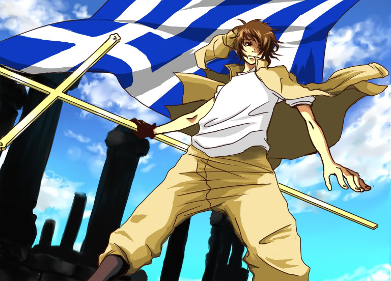 greece (hetalia), axis powers hetalia, 1boy, cross, flag, male focus, outdoors, sky, solo