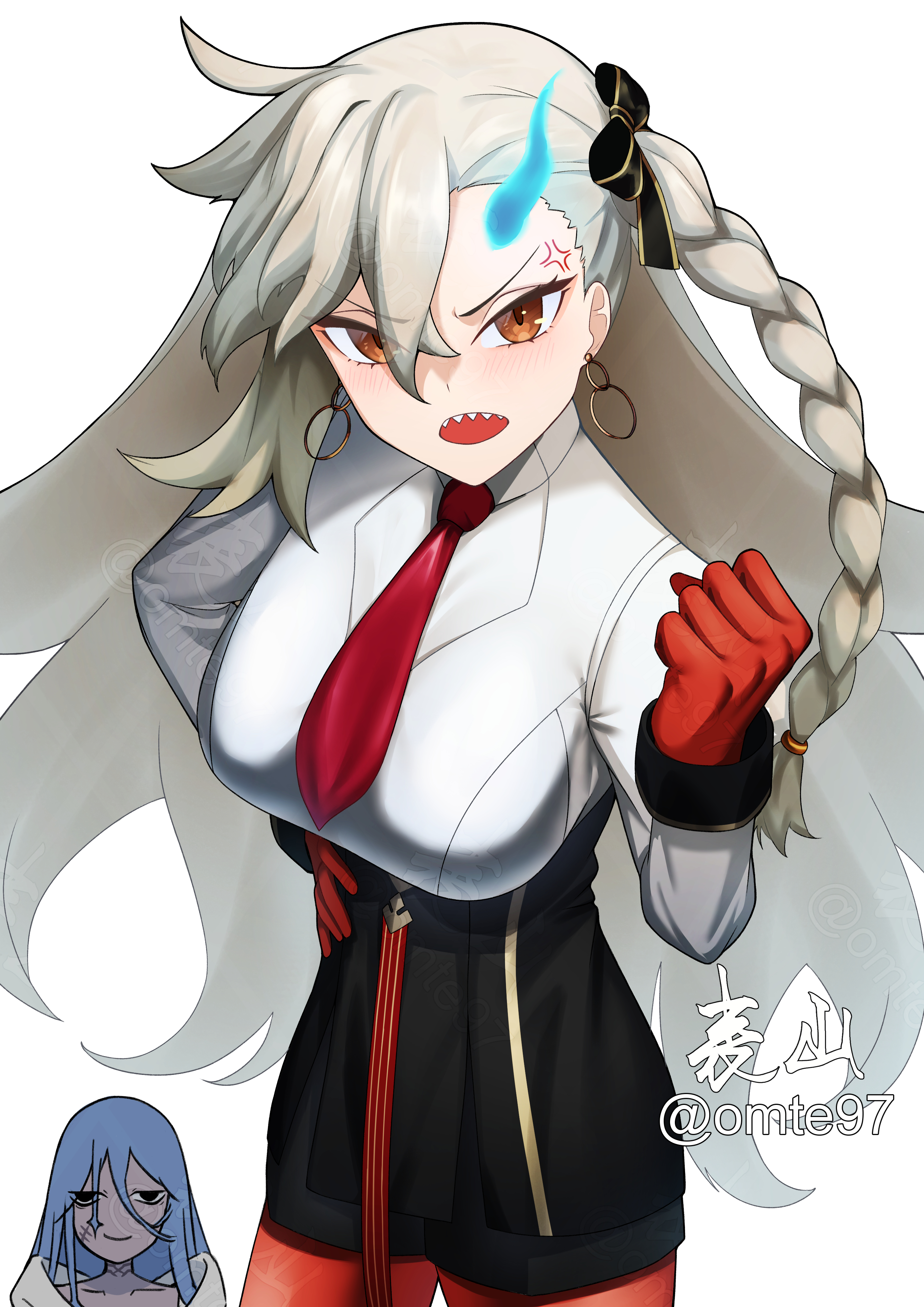 omte97, olga marie animusphere, olga marie animusphere (unbeast), fate/grand order, fate (series), absurdres, commentary request, highres, 1boy, 1girl, asymmetrical bangs, azrael (grand assassin) (fate), black skirt, breasts, collared shirt, earrings, gloves, grey hair, hair ribbon, high-waist skirt, hoop earrings, jewelry, large breasts, long hair, long sleeves, looking at viewer, necktie, open mouth, orange eyes, pantyhose, pencil skirt, red gloves, red pantyhose, ribbon, sharp teeth, shirt, skirt, smile, teeth, white shirt