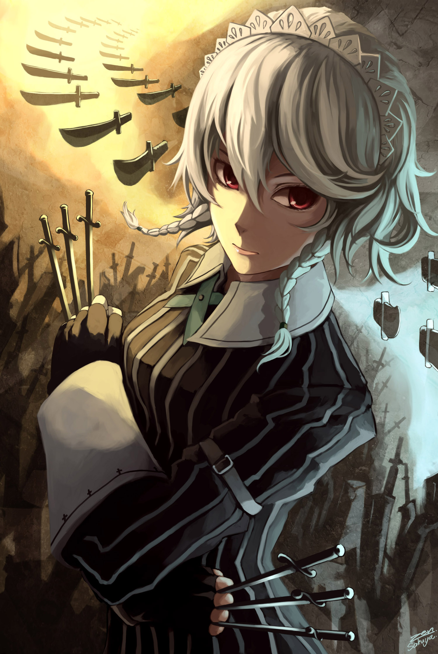 zen (jirakun), izayoi sakuya, koumajou densetsu, touhou, commentary, highres, photoshop (medium), revision, 1girl, alternate costume, backlighting, braid, dress, fingerless gloves, floating, floating object, gloves, holding, knife, maid, maid headdress, red eyes, signature, solo, striped clothes, striped dress, twin braids, white hair