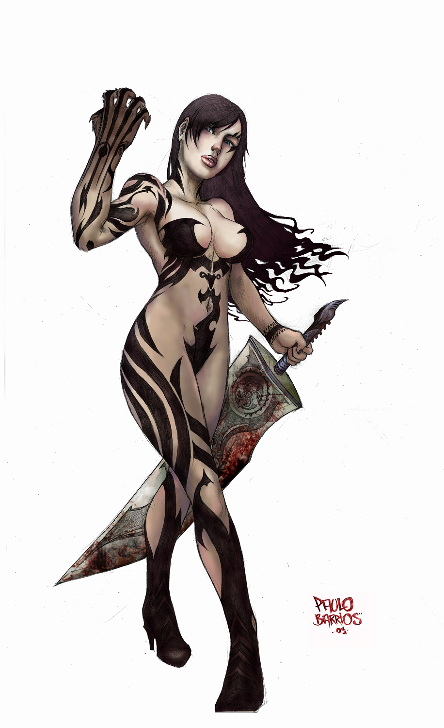 paulo barrios, concept art, highres, blood, dark, sword, tehra, weapon