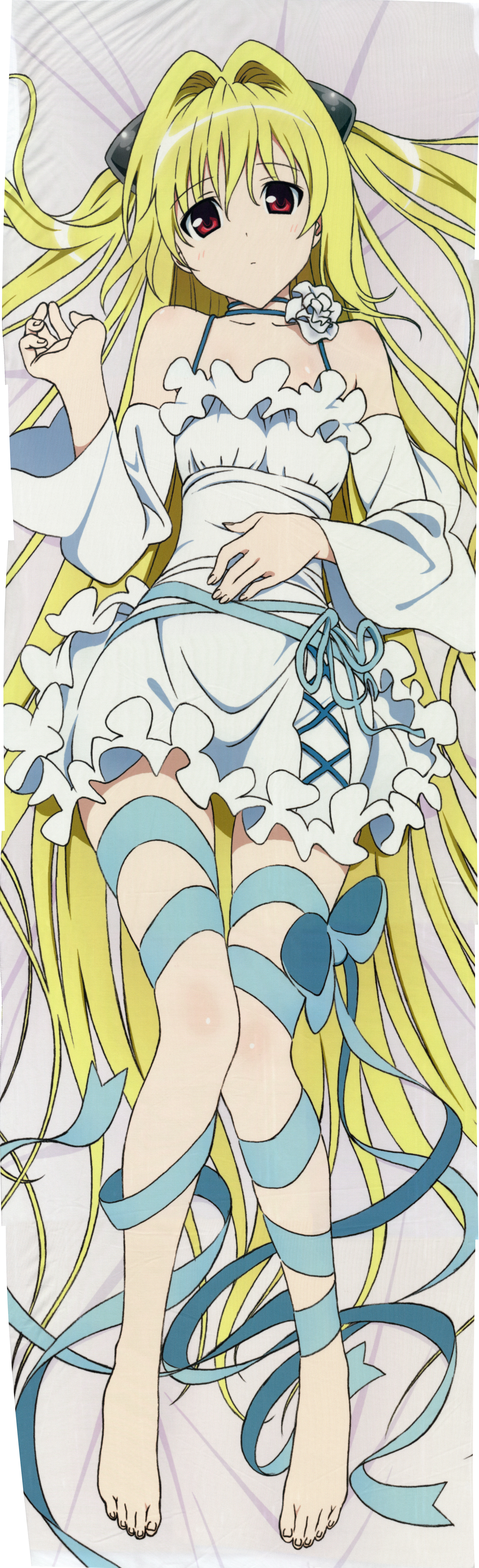 yabuki kentarou, konjiki no yami, to love-ru, absurdres, highres, long image, non-web source, official art, scan, tall image, 1girl, bare shoulders, barefoot, bed sheet, blonde hair, casual, dakimakura (medium), detached sleeves, dress, feet, female focus, fingernails, flower, full body, hair between eyes, hair intakes, hair ornament, head tilt, legs, long hair, looking at viewer, lying, on back, red eyes, ribbon, solo, toes, twintails, two side up, very long hair, white dress