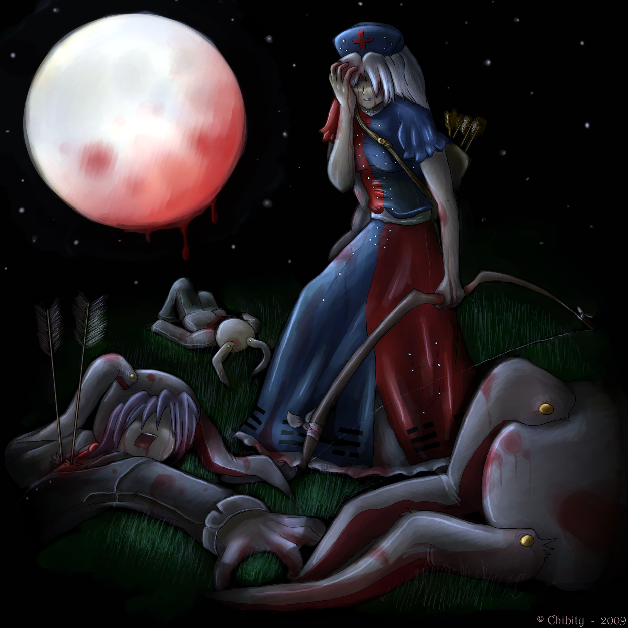 chibity, moon rabbit extra (touhou), yagokoro eirin, touhou, highres, 4girls, animal ears, arrow (projectile), blood, death, female focus, hat, long hair, moon, multiple girls, murder, nature, night, nurse, outdoors, pain, plant, rabbit, rabbit ears, rabbit girl, skirt, sky, star (symbol), tears, violence, white hair