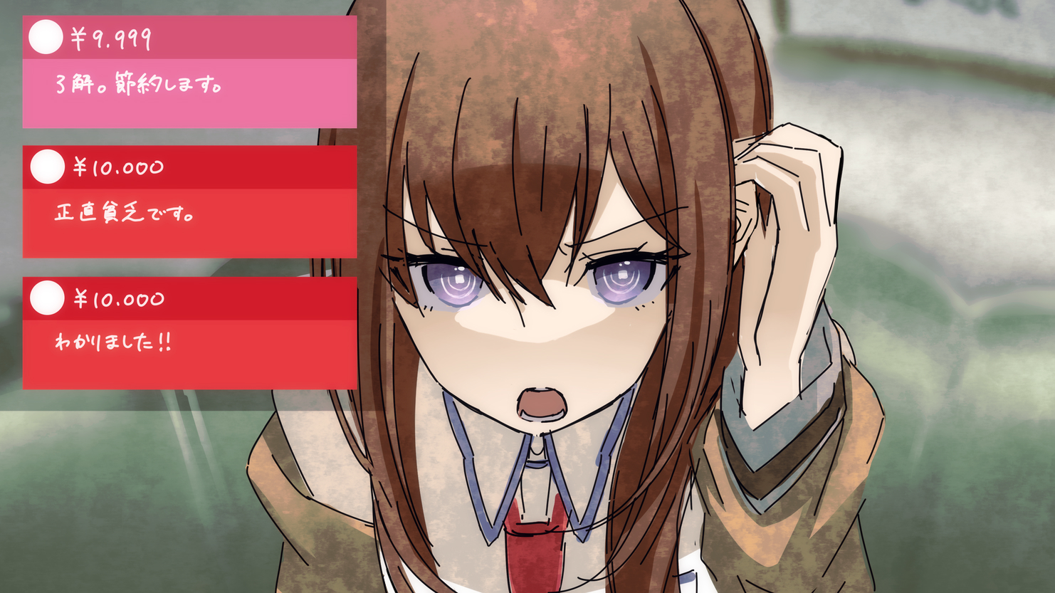 kuuma25 kuma, makise kurisu, science adventure, steins;gate, commentary request, translation request, 1girl, brown hair, brown jacket, hair between eyes, hand up, jacket, long hair, long sleeves, looking at viewer, open mouth, purple eyes, solo, super chat, v-shaped eyebrows, yen sign