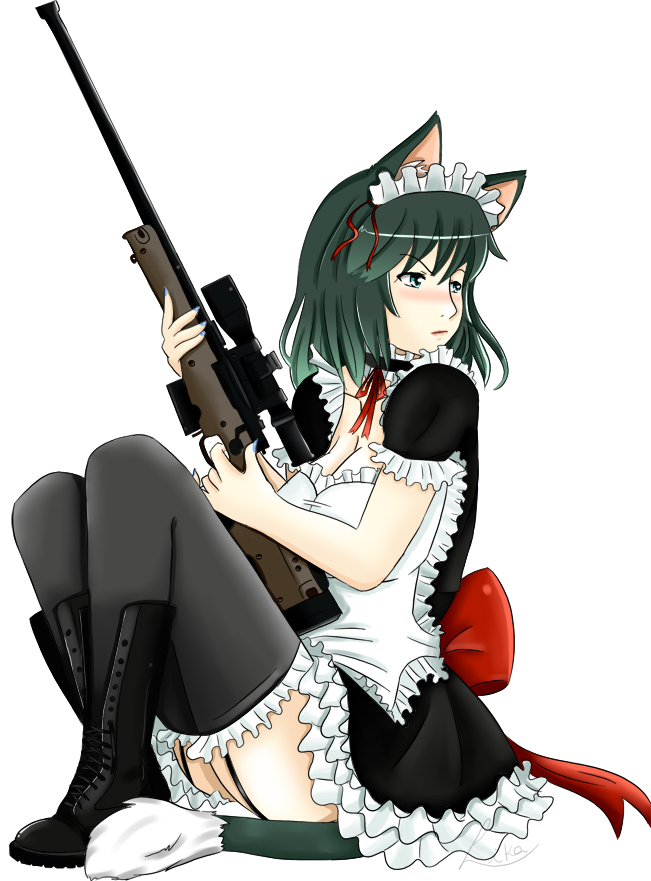 gunneko, original, bad id, bad pixiv id, 1girl, animal ears, boots, combat maid, female focus, frills, full body, garter straps, gun, maid, maid headdress, rifle, simple background, sniper rifle, solo, tail, thighhighs, weapon