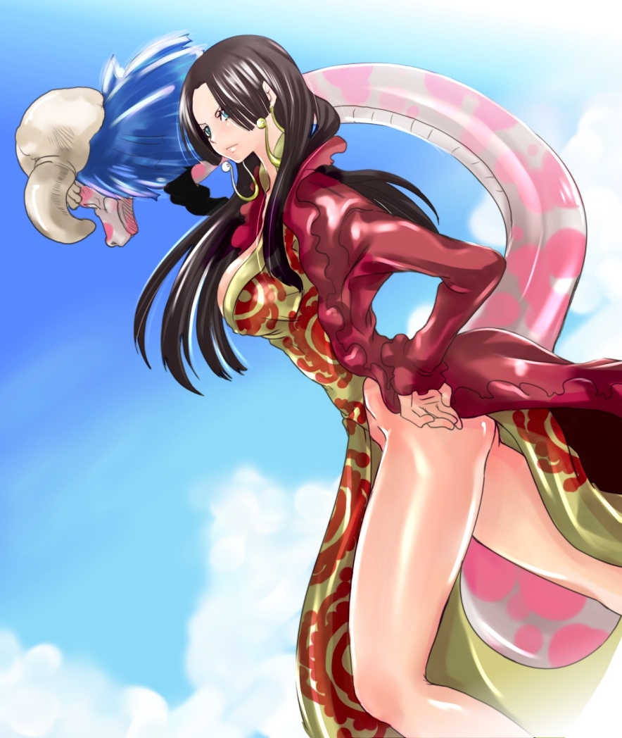 chigusa suzume, boa hancock, salome (one piece), one piece, 1girl, amazon warrior, black hair, blue eyes, day, earrings, hand on own hip, hip focus, impel down, jewelry, legs, long hair, long legs, no panties, skull, sky, snake, thighs