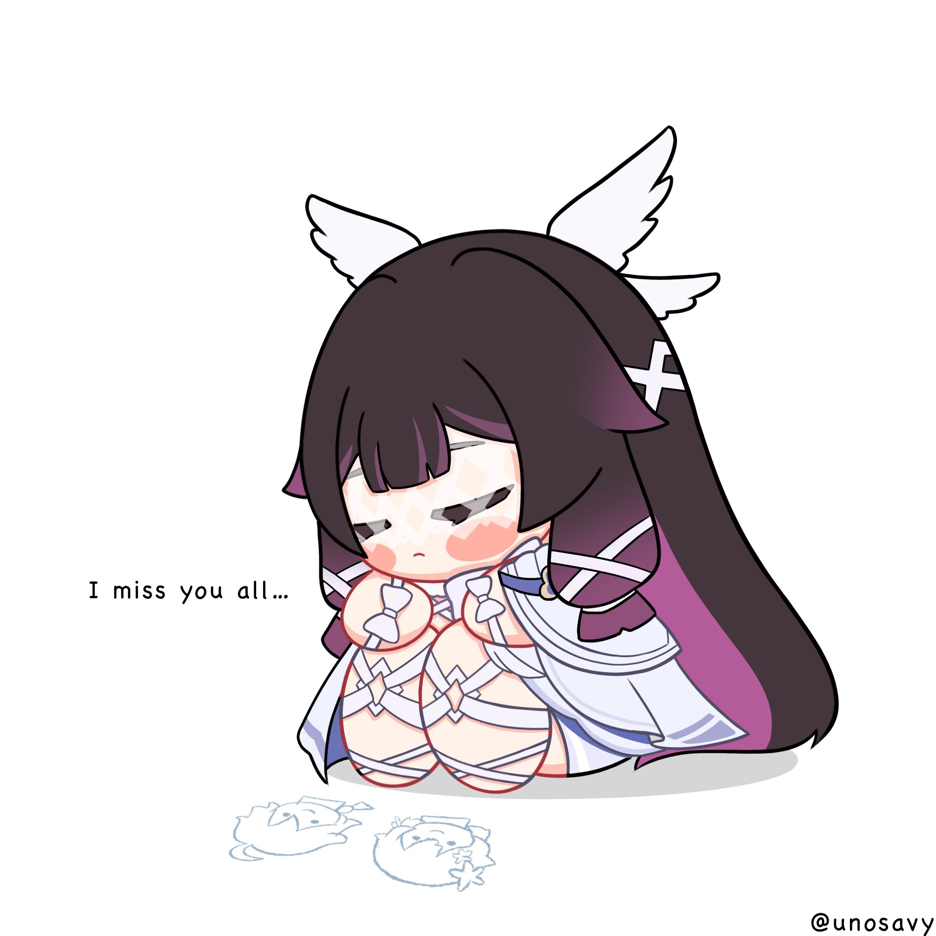 unosaki2, aether (genshin impact), columbina (genshin impact), lumine (genshin impact), genshin impact, commentary, english commentary, highres, 1girl, arm ribbon, artist name, barefoot, black hair, blunt bangs, blush stickers, bow, chibi, chibi only, closed eyes, closed mouth, clothing cutout, colored inner hair, diamond cutout, dress, english text, eye mask, feathered wings, gradient hair, hair ornament, head wings, leg ribbon, long hair, long sleeves, mask, multicolored hair, multiple wings, purple hair, ribbon, sad, shadow, sidelocks, simple background, sitting, solo, two-tone hair, very long hair, white background, white bow, white dress, white mask, wide sleeves, wings, x hair ornament