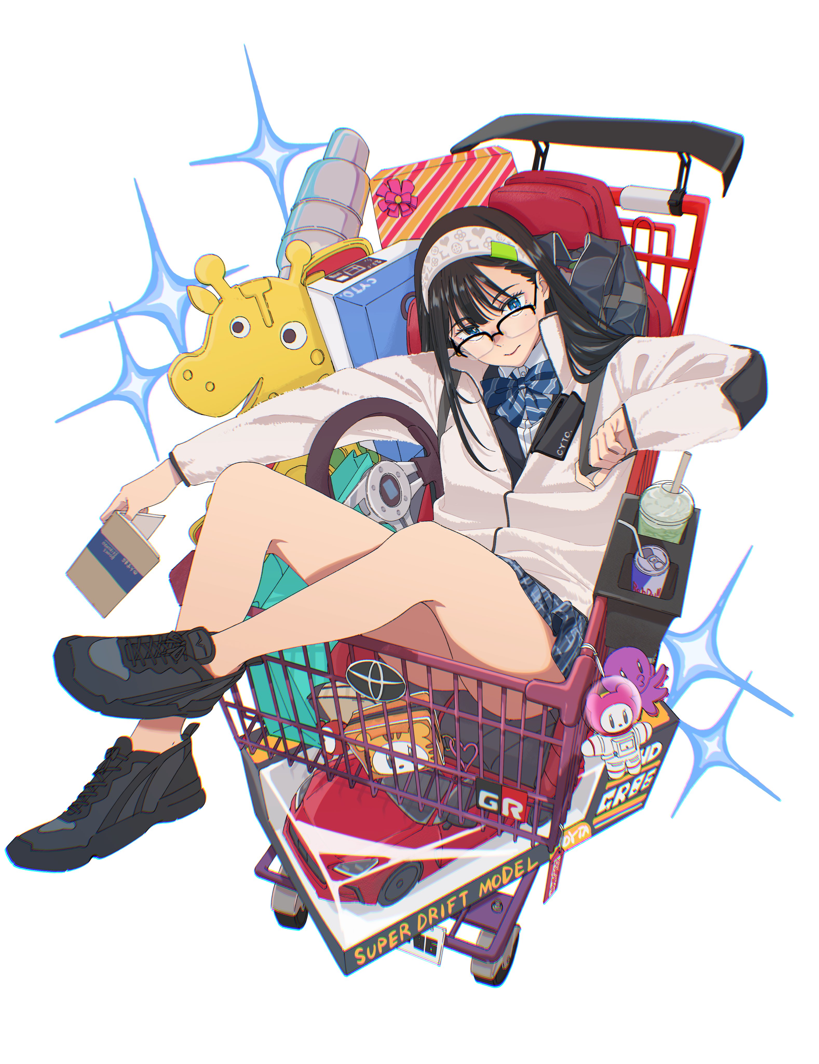 saitou kengo, original, absurdres, commentary request, highres, 1girl, bare legs, black hair, blue eyes, bow, bowtie, glasses, holding, holding notebook, long hair, notebook, pleated skirt, school uniform, shoes, shopping cart, skirt, sneakers, solo