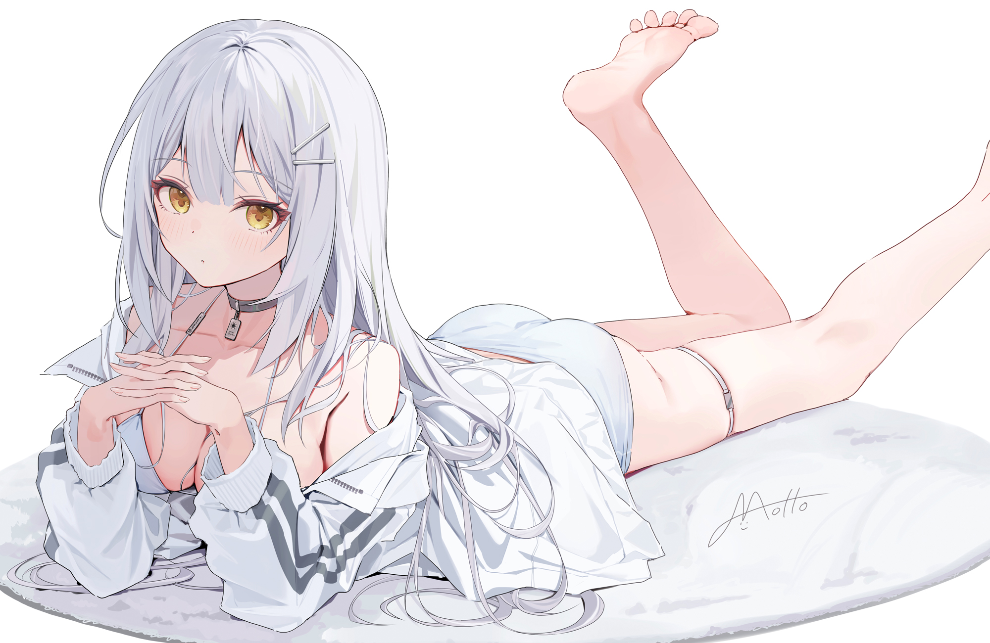 motto (night wear), original, commentary request, highres, 1girl, artist name, ass, bare shoulders, barefoot, bikini, blush, breasts, choker, cleavage, closed mouth, collarbone, hair ornament, hairclip, jacket, leg up, long hair, long sleeves, looking at viewer, lying, medium breasts, on stomach, open clothes, open jacket, own hands together, panties, shirt, simple background, solo, swimsuit, the pose, toes, underwear, very long hair, white background, white bikini, white hair, white jacket, white panties, yellow eyes