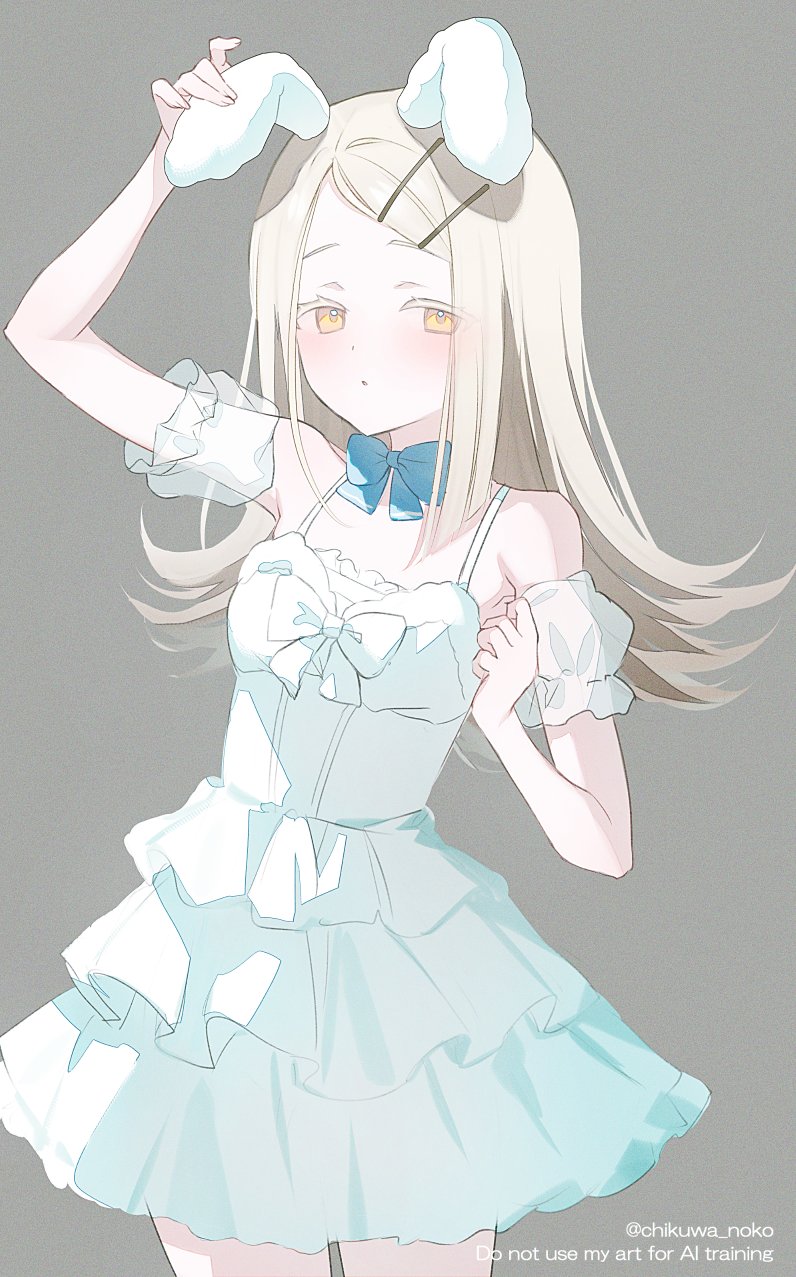 narusegawa riko, shinosawa hiro, gakuen idolmaster, idolmaster, commentary request, highres, 1girl, animal ears, arm cuffs, arm up, blonde hair, blue bow, blue bowtie, blush, bow, bowtie, breasts, colored eyelashes, cowboy shot, dress, flipped hair, frilled dress, frills, grey background, hair ornament, hairclip, halter dress, halterneck, kemonomimi mode, long hair, looking at viewer, looking to the side, orange eyes, parallel hairclips, parted bangs, parted lips, rabbit ears, rabbit girl, short dress, simple background, small breasts, solo, standing, twitter username, watermark, white bow, white dress
