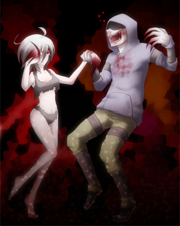 shukou, hunter (left4dead), witch (left4dead), left 4 dead, left 4 dead 1, 1boy, 1girl, barefoot, blood, breasts, claws, couple, dancing, fangs, hetero, midriff, short hair, torn clothes, white hair