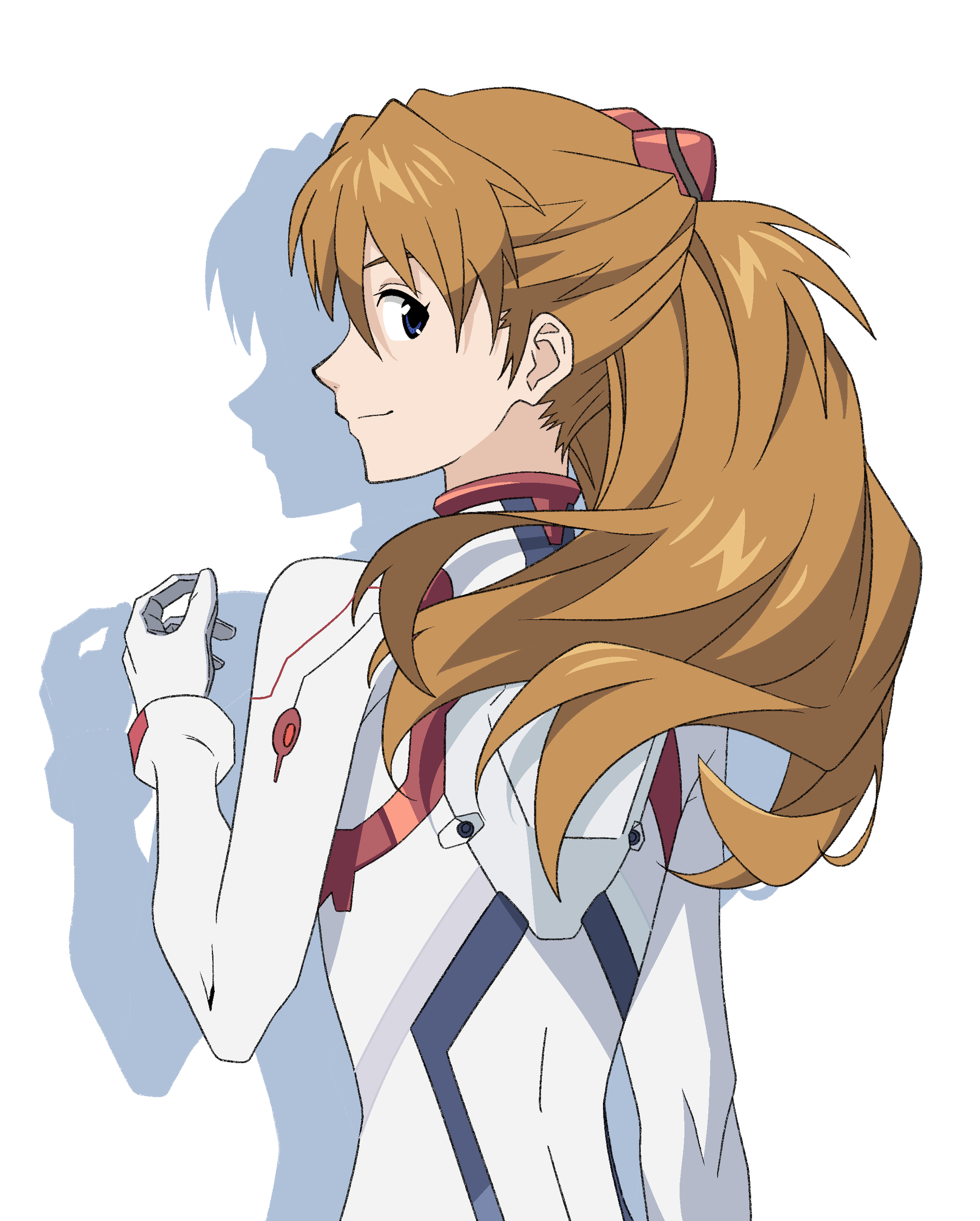tapiokaesi, souryuu asuka langley, evangelion: 3.0+1.0 thrice upon a time, neon genesis evangelion, rebuild of evangelion, absurdres, commentary, english commentary, highres, 1girl, blue eyes, bodysuit, closed mouth, hair between eyes, interface headset (evangelion), long hair, looking at viewer, mecha pilot suit, orange hair, plugsuit (evangelion), simple background, smile, solo, two side up, white bodysuit