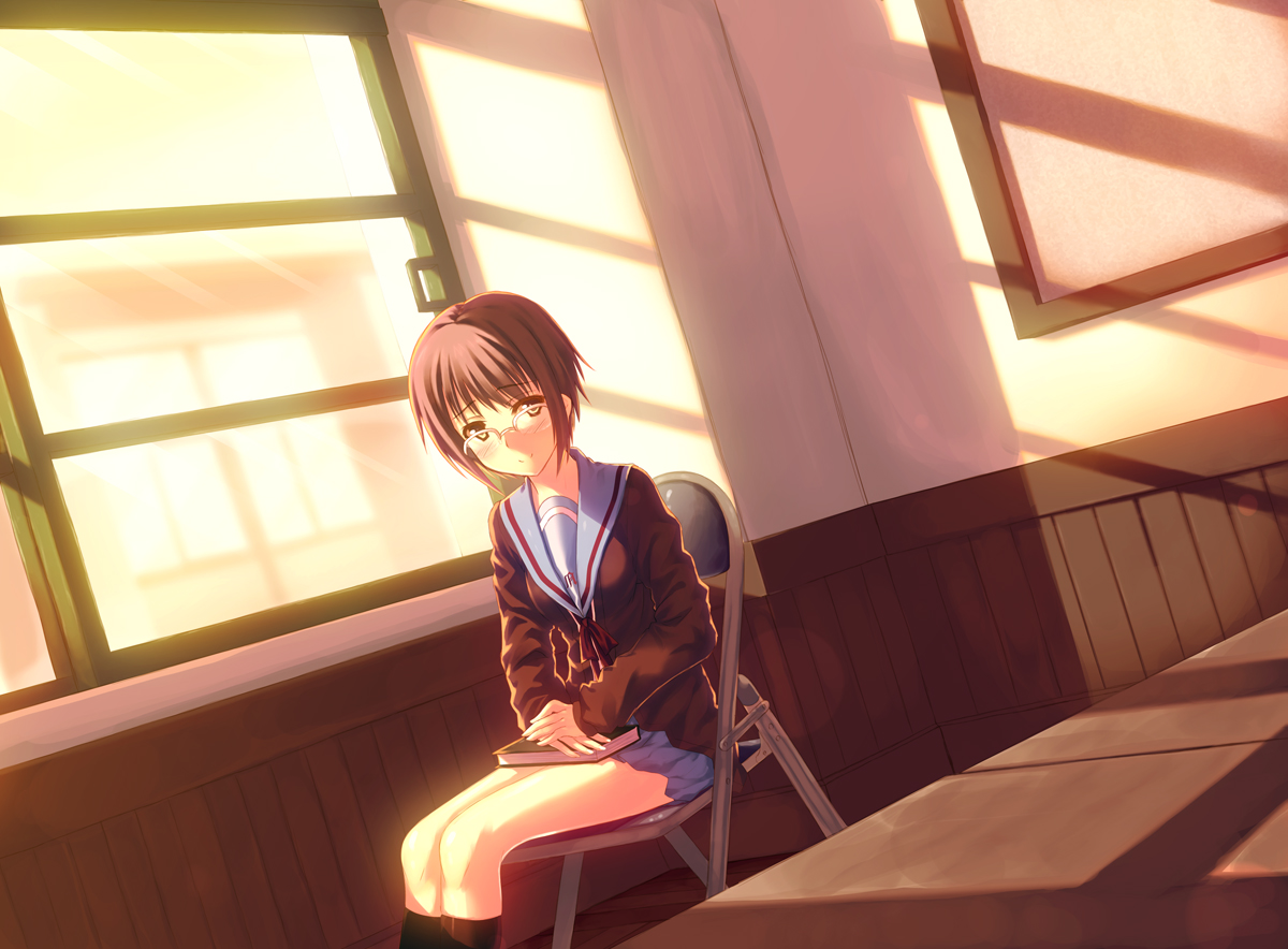 siva (executor), nagato yuki, suzumiya haruhi no shoushitsu, suzumiya haruhi no yuuutsu, 10s, brown eyes, brown hair, cardigan, glasses, school uniform, serafuku, short hair, solo