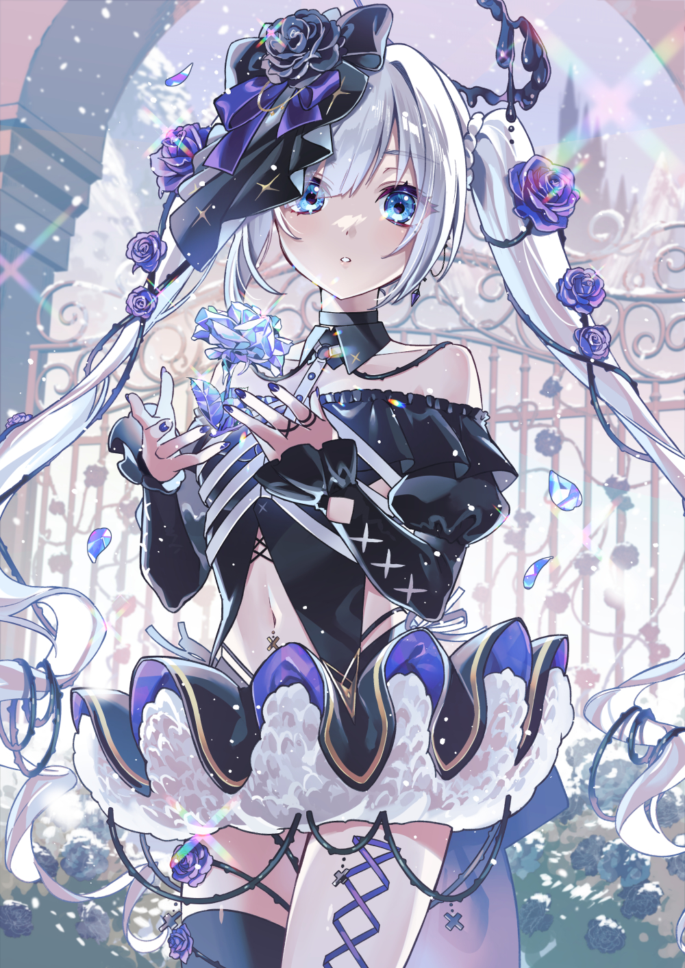 nou (nounknown), shirane yuki, re:act, commentary request, highres, 1girl, bare shoulders, black dress, black flower, black rose, black thighhighs, blue eyes, blue nails, dress, flower, grey hair, hair between eyes, hair flower, hair ornament, juliet sleeves, long hair, long sleeves, looking at viewer, nail polish, navel, off-shoulder dress, off shoulder, parted lips, petals, puffy sleeves, purple flower, purple rose, rose, rose petals, sidelocks, single thighhigh, solo, thighhighs, twintails, very long hair, virtual youtuber