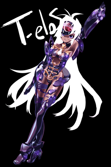 tensugi takashi, t-elos, super robot wars, super robot wars og saga mugen no frontier, xenosaga, xenosaga episode iii, 00s, 1girl, android, breasts, cyborg, dark-skinned female, dark skin, elbow gloves, female focus, gloves, long hair, solo, thighhighs, white hair