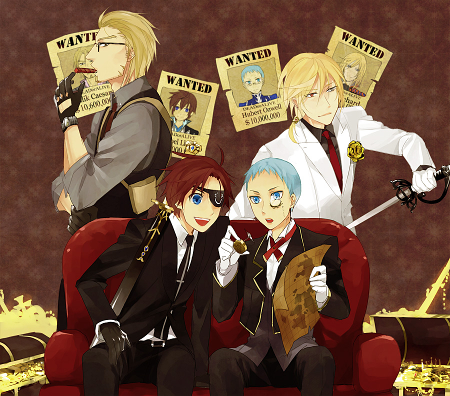 sen nai, asbel lhant, baldroy, charles grey, ciel phantomhive, hubert ozwell, lau, malik caesars, richard (tales), kuroshitsuji, tales of (series), tales of graces, bad id, bad pixiv id, 4boys, alternate costume, baldroy (cosplay), blue eyes, blue hair, brothers, brown hair, charles grey (cosplay), ciel phantomhive (cosplay), cigar, compass, cosplay, eyepatch, formal clothes, glasses, gloves, heterochromia, indoors, knucklehead gloves, lau (cosplay), male focus, map, monocle, monocle chain, multiple boys, necktie, official alternate costume, parody, poster (medium), poster (object), siblings, sitting, standing, sword, treasure, tuxedo, vest, watch, weapon, wristwatch