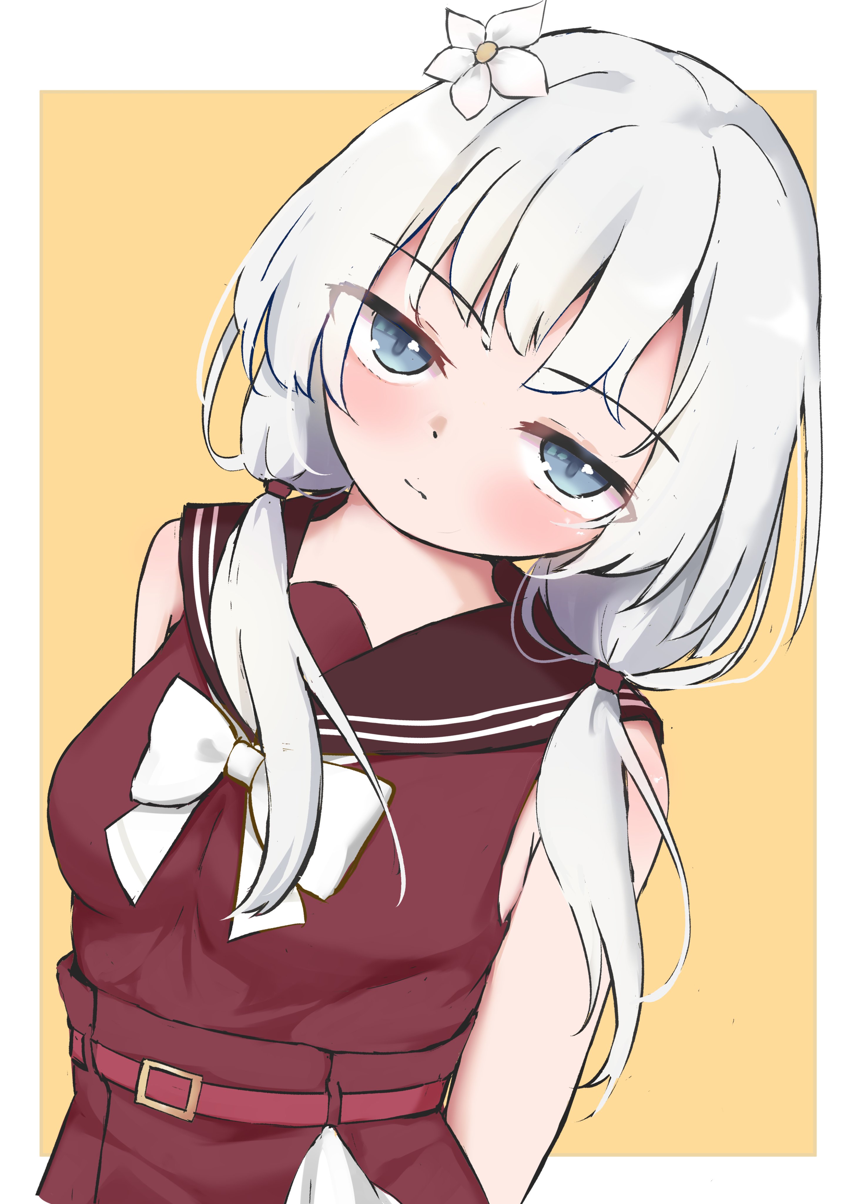 chitonimu, shiozaki suzume, assault lily, absurdres, highres, 1girl, arms behind back, bare arms, bare shoulders, belt, belt buckle, blue eyes, blush, border, bow, bowtie, breasts, brown sailor collar, buckle, closed mouth, flower, grey hair, hair flower, hair ornament, high-waist skirt, kanba girls high school uniform, leaning to the side, looking at viewer, low twintails, medium breasts, orange background, outside border, red belt, red shirt, red skirt, sailor collar, school uniform, serafuku, shirt, simple background, skirt, sleeveless, sleeveless shirt, solo, twintails, upper body, white border, white bow, white bowtie, white flower