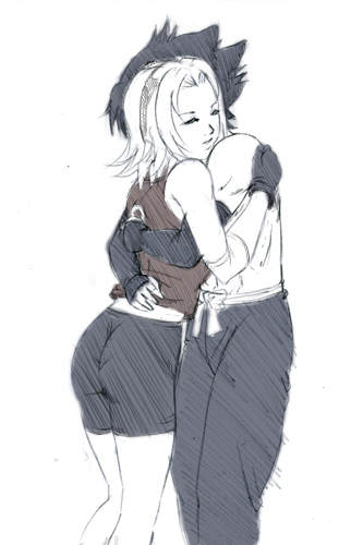 shizuki shinra, haruno sakura, uchiha sasuke, naruto (classic), naruto (series), lowres, 1boy, 1girl, hetero, hug, monochrome, sketch