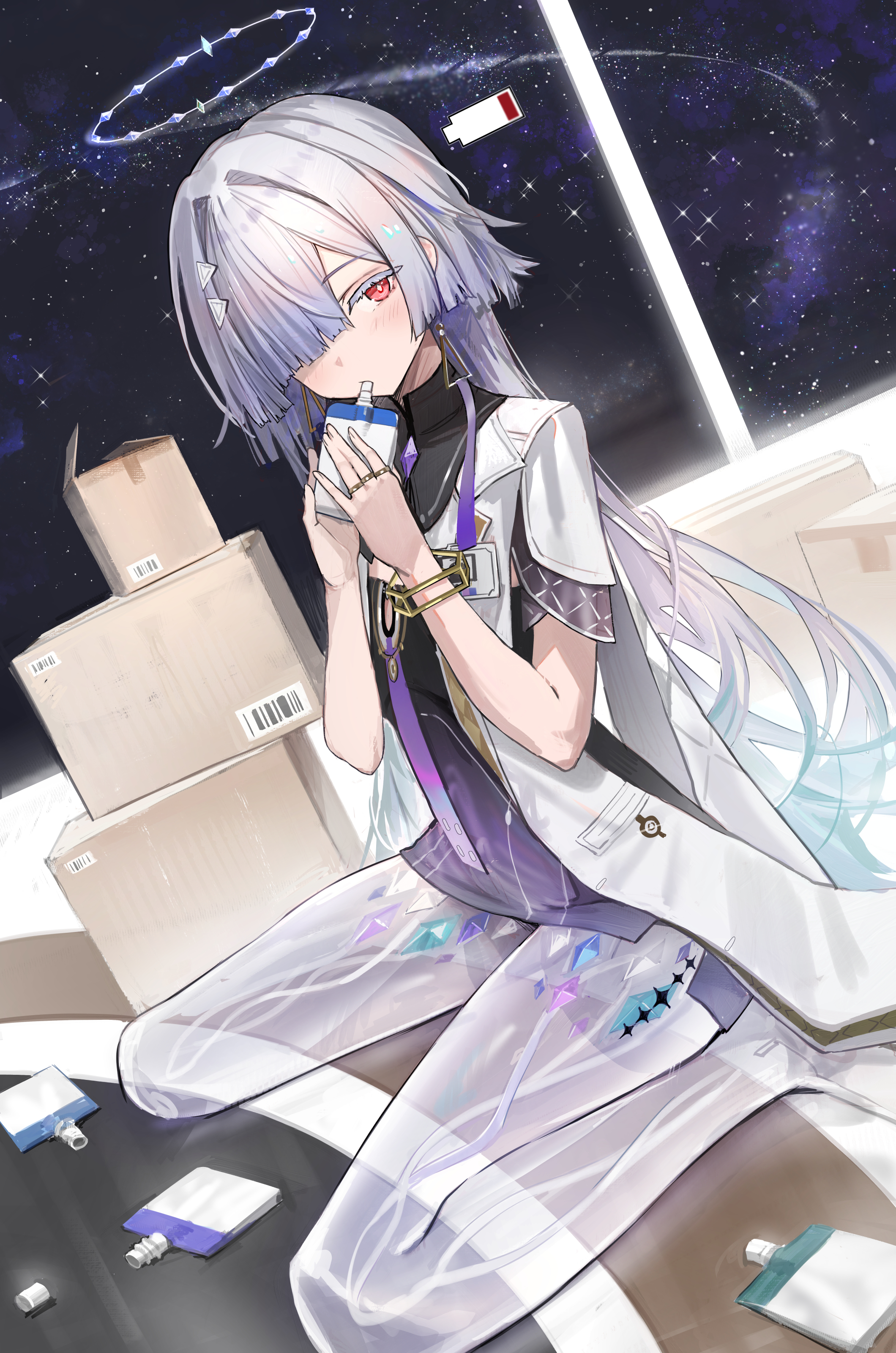 hidulume, mornye (wuthering waves), wuthering waves, absurdres, commentary request, highres, partial commentary, 1girl, battery indicator, colored eyelashes, dress, dutch angle, earrings, grey hair, hair ornament, hair over one eye, halo, holding, id card, indoors, jacket, jewelry, light blush, long hair, looking at viewer, purple dress, red eyes, see-through body, sitting, sky, solo, space, star (sky), starry sky, tacet mark (wuthering waves), triangle earrings, wariza, white jacket