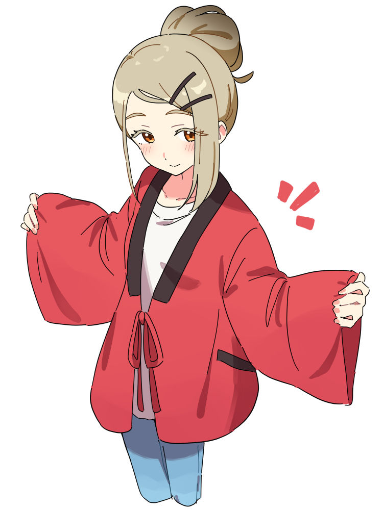 shinosawa hiro, gakuen idolmaster, idolmaster, commentary request, 1girl, blue pants, blush, closed mouth, collarbone, colored eyelashes, cowboy shot, cropped legs, fingernails, fumi tsu ki, hair bun, hair ornament, hairclip, hanten (clothes), jacket, looking at viewer, orange eyes, pants, parallel hairclips, pinching sleeves, pink nails, red jacket, shirt, short hair with long locks, simple background, single hair bun, sleeves past wrists, smile, solo, standing, swept bangs, t-shirt, white background, white shirt, wide sleeves