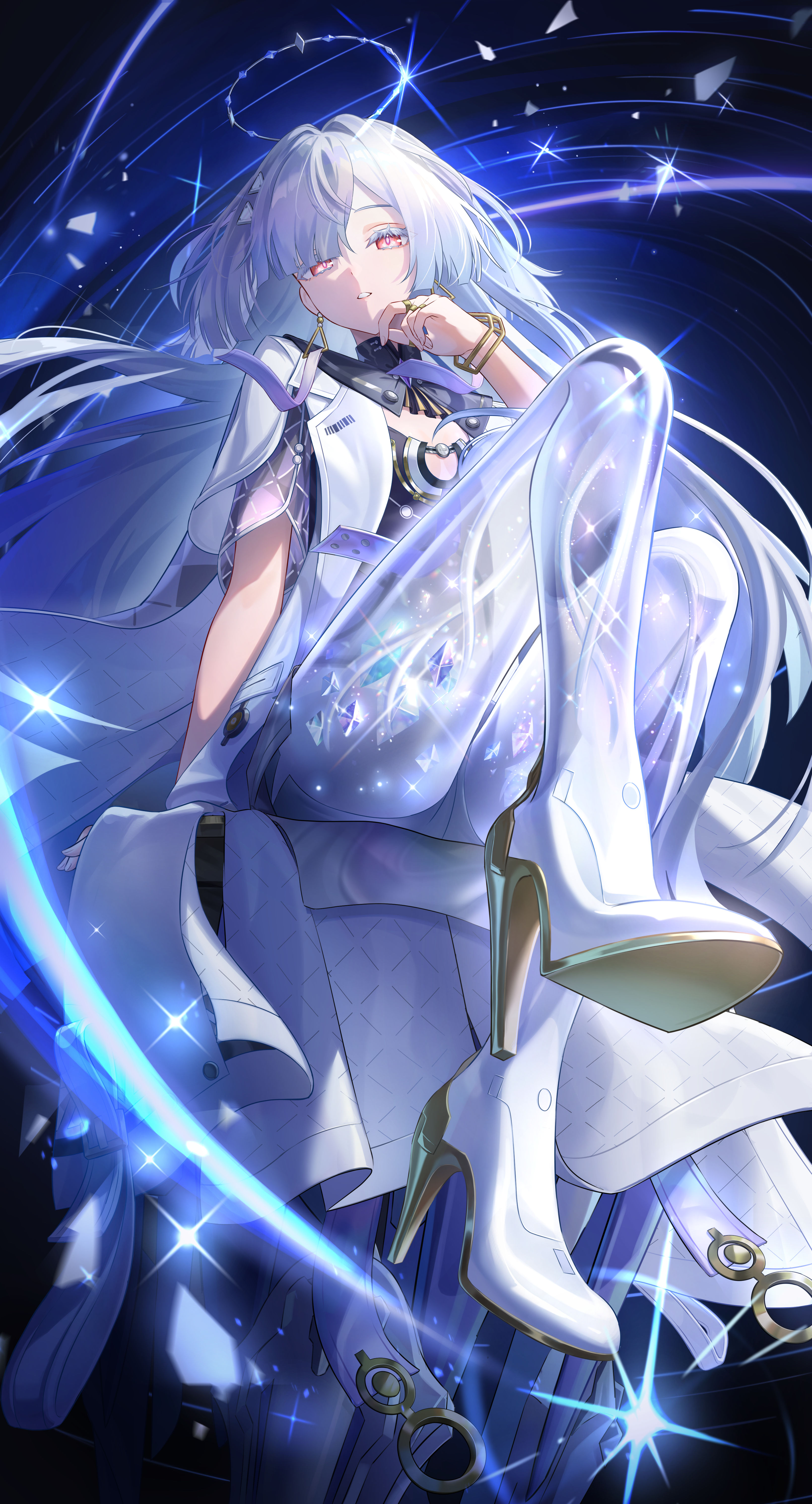 lucio (luci0 52), mornye (wuthering waves), wuthering waves, absurdres, commentary request, highres, 1girl, breasts, colored eyelashes, dark background, dress, earrings, fingernails, grey hair, hair ornament, halo, hand up, high heels, jacket, jewelry, long hair, looking at viewer, parted lips, purple dress, red eyes, see-through body, sitting, small breasts, solo, triangle earrings, very long hair, white jacket