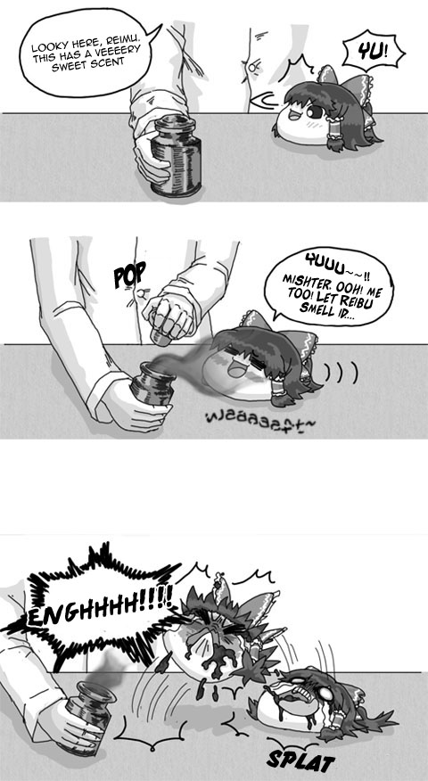 clammbon, hakurei reimu, touhou, hard-translated, third-party edit, translated, comic, death, english text, greyscale, guro, monochrome, yukkuri shiteitte ne