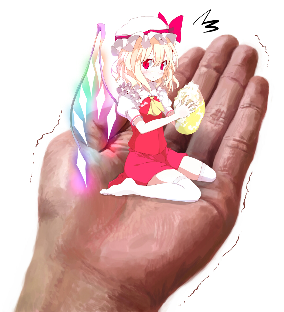 oouso, flandre scarlet, embodiment of scarlet devil, touhou, bad id, bad pixiv id, 1girl, :t, blonde hair, female focus, hat, in palm, mini person, minigirl, ponytail, red eyes, short hair, side ponytail, solo, thighhighs, wings