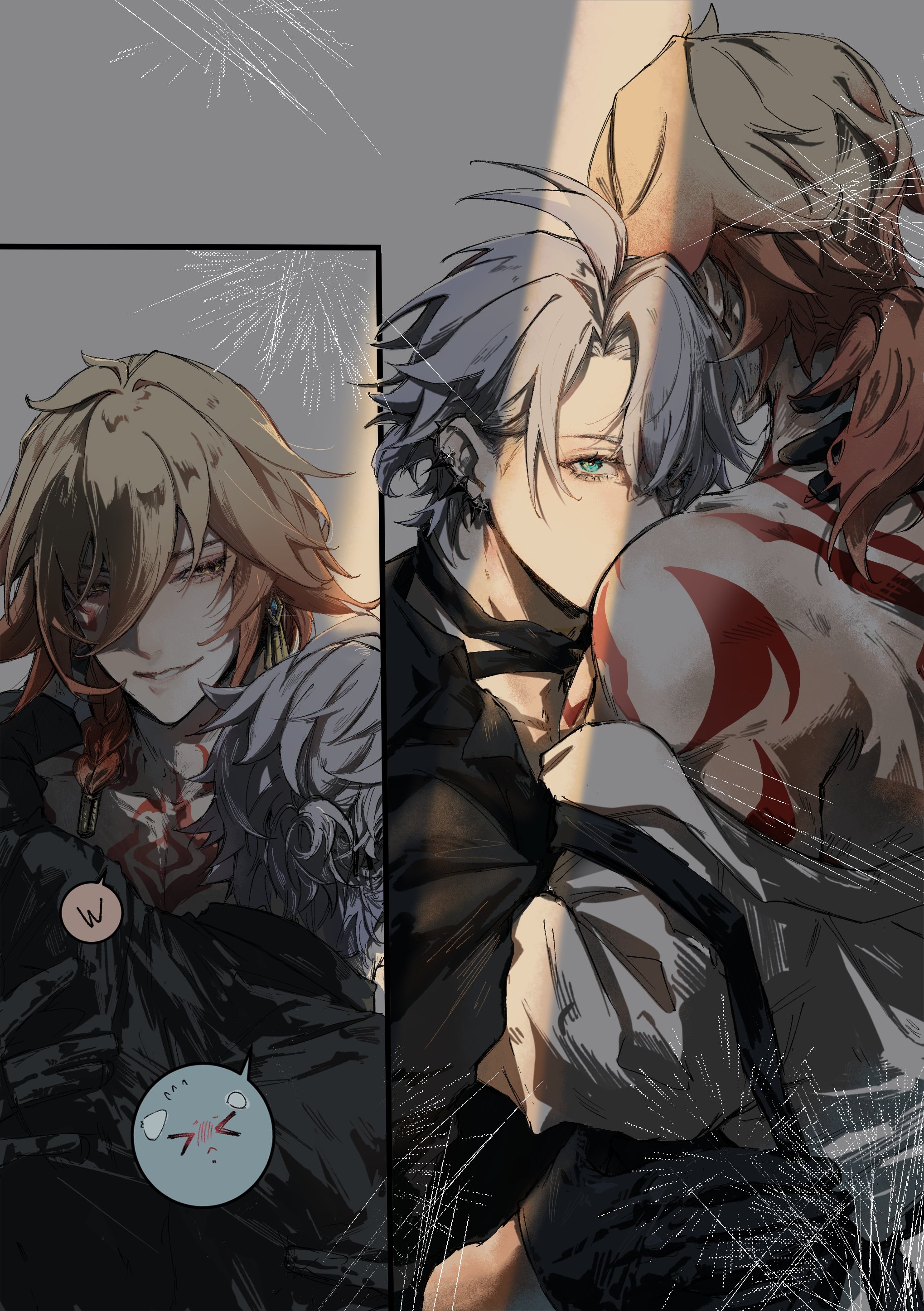 mydei (honkai: star rail), phainon (fashion) (honkai: star rail), phainon (honkai: star rail), honkai: star rail, honkai (series), absurdres, commentary request, highres, 2boys, antenna hair, arm tattoo, back tattoo, black choker, black gloves, black shirt, blonde hair, blue eyes, braid, chest tattoo, choco rema, choker, earclip, earrings, facial tattoo, gloves, gold earrings, gradient hair, jewelry, male focus, medium hair, multicolored hair, multiple boys, official alternate costume, parted bangs, ponytail, red hair, red tattoo, shirt, short hair, side braid, smirk, spoken expression, tattoo, white hair, white shirt, yaoi, yellow eyes