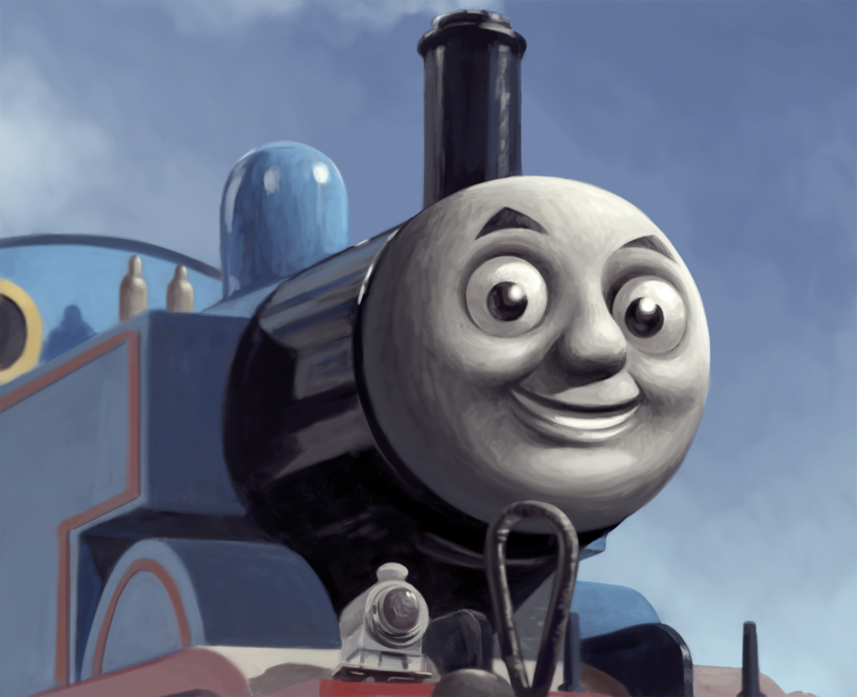 sakkan, thomas the tank engine, thomas the tank engine (series), commentary request, tagme, black eyes, blue sky, day, locomotive, looking at viewer, no humans, sky, smile, steam locomotive, train