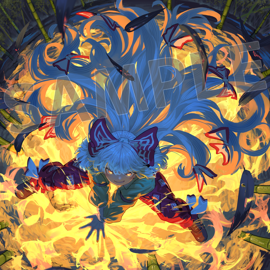 kajatony, fujiwara no mokou, touhou, commentary request, 1girl, bamboo, bamboo forest, bow, collared shirt, fire, forest, friend characters, grey hair, grey shirt, grin, hair bow, long hair, long sleeves, multiple hair bows, nature, ofuda, ofuda on clothes, outdoors, pants, pyrokinesis, red eyes, red pants, sample watermark, shirt, smile, solo, very long hair, watermark