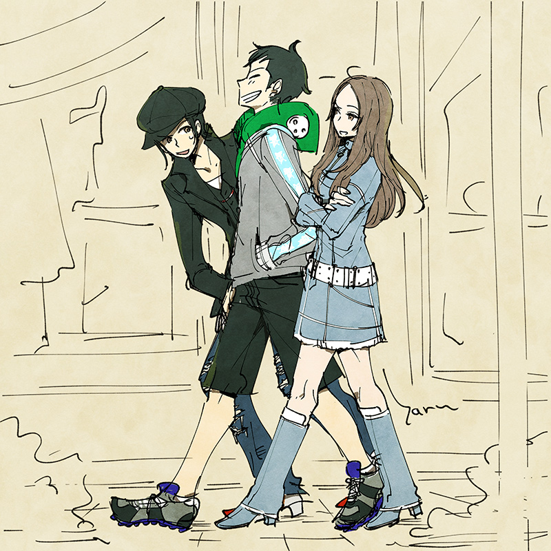 haruhashi, demi-fiend, nitta isamu, tachibana chiaki (megami tensei), shin megami tensei, shin megami tensei iii: nocturne, 1girl, 2boys, black hat, black jacket, black shorts, blue dress, boots, brown eyes, brown hair, closed eyes, crossed arms, denim, denim boots, denim dress, dress, full body, green hoodie, hand in pocket, hat, hood, hoodie, jacket, jacket over hoodie, jeans, long hair, multiple boys, pants, shoes, shorts, simple background, smile, sneakers, sweatdrop, torn clothes, torn jeans, torn pants, walking, yellow background
