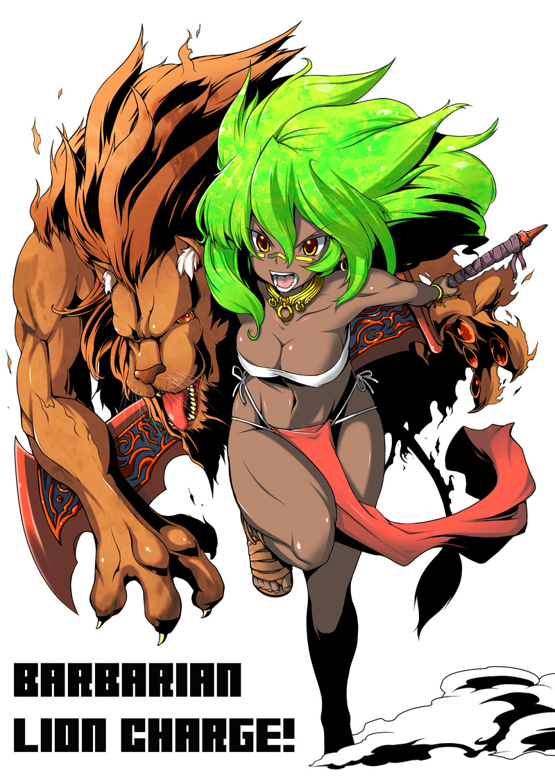 artist request, character request, copyright request, source request, dark skin, green hair, lion, orange eyes, red eyes, running, shouting, sword, tribal, warrior, weapon