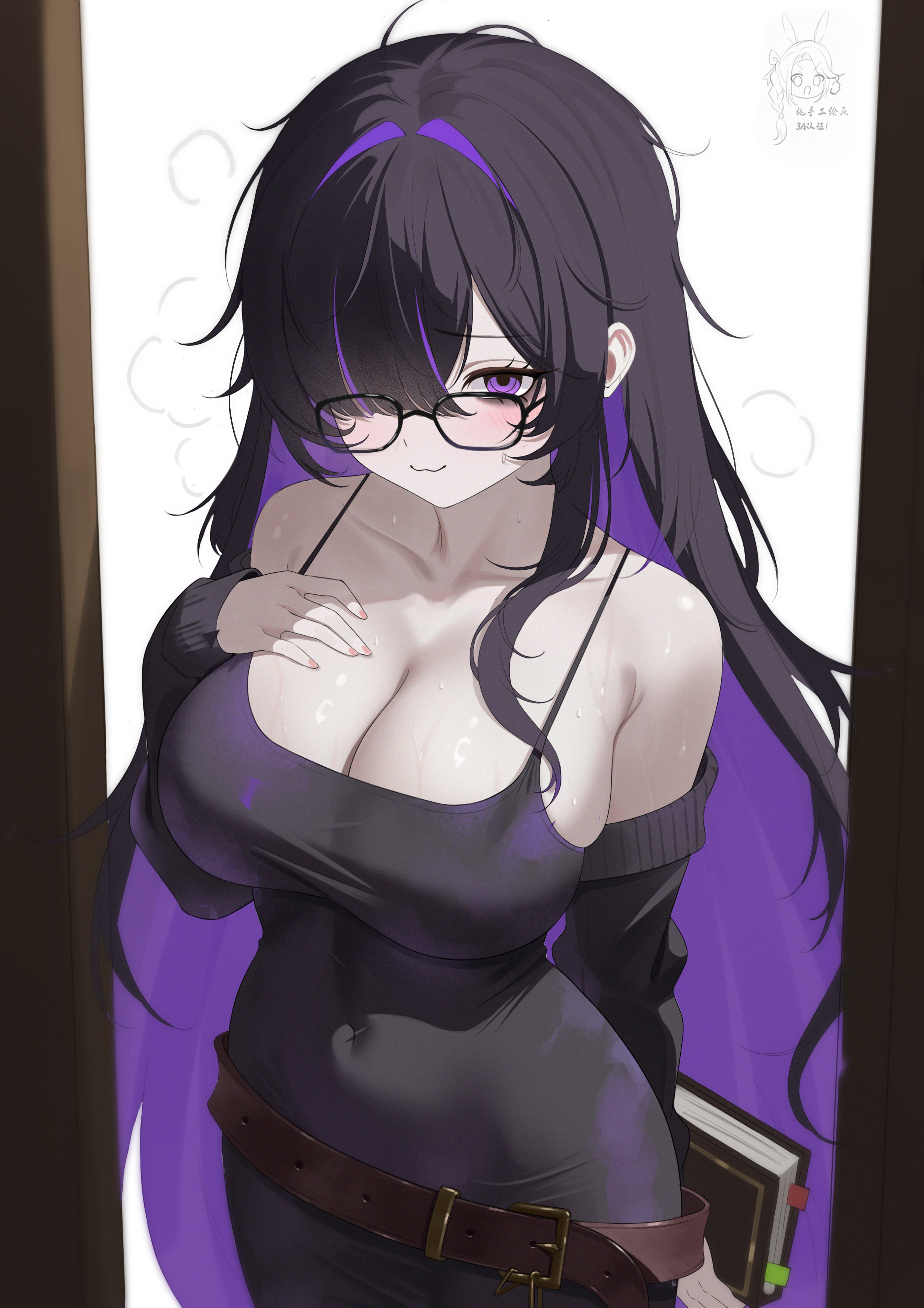 birdking (king33), label (nikke), goddess of victory: nikke, absurdres, commentary, highres, 1girl, :3, arm behind back, armpit crease, artist logo, bags under eyes, bare shoulders, belt, belt buckle, black-framed eyewear, black cardigan, black dress, black hair, blush, book, breast suppress, breasts, brown belt, buckle, cardigan, cleavage, closed mouth, collarbone, colored inner hair, covered navel, cowboy shot, doorway, dress, fingerless gloves, glasses, gloves, hair over one eye, hand up, holding, holding book, large breasts, logo, long bangs, long hair, long sleeves, looking at viewer, looking over eyewear, loose belt, mole, mole on breast, multicolored hair, off shoulder, one eye covered, open cardigan, open clothes, pale skin, pov doorway, purple eyes, purple hair, raised eyebrows, simple background, single sidelock, sleeveless, sleeveless dress, sleeves past wrists, smile, solo, spaghetti strap, standing, steaming body, tight clothes, tight dress, two-tone hair, very long hair, weapon, white background