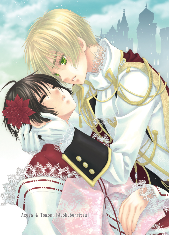 col-de-rosa, japan (hetalia), united kingdom (hetalia), axis powers hetalia, 2boys, black hair, blonde hair, castle, closed eyes, crossdressing, crossdressing (mtf), flower, gloves, green eyes, hair flower, hair ornament, lace, male focus, multiple boys, trap, white gloves, yaoi