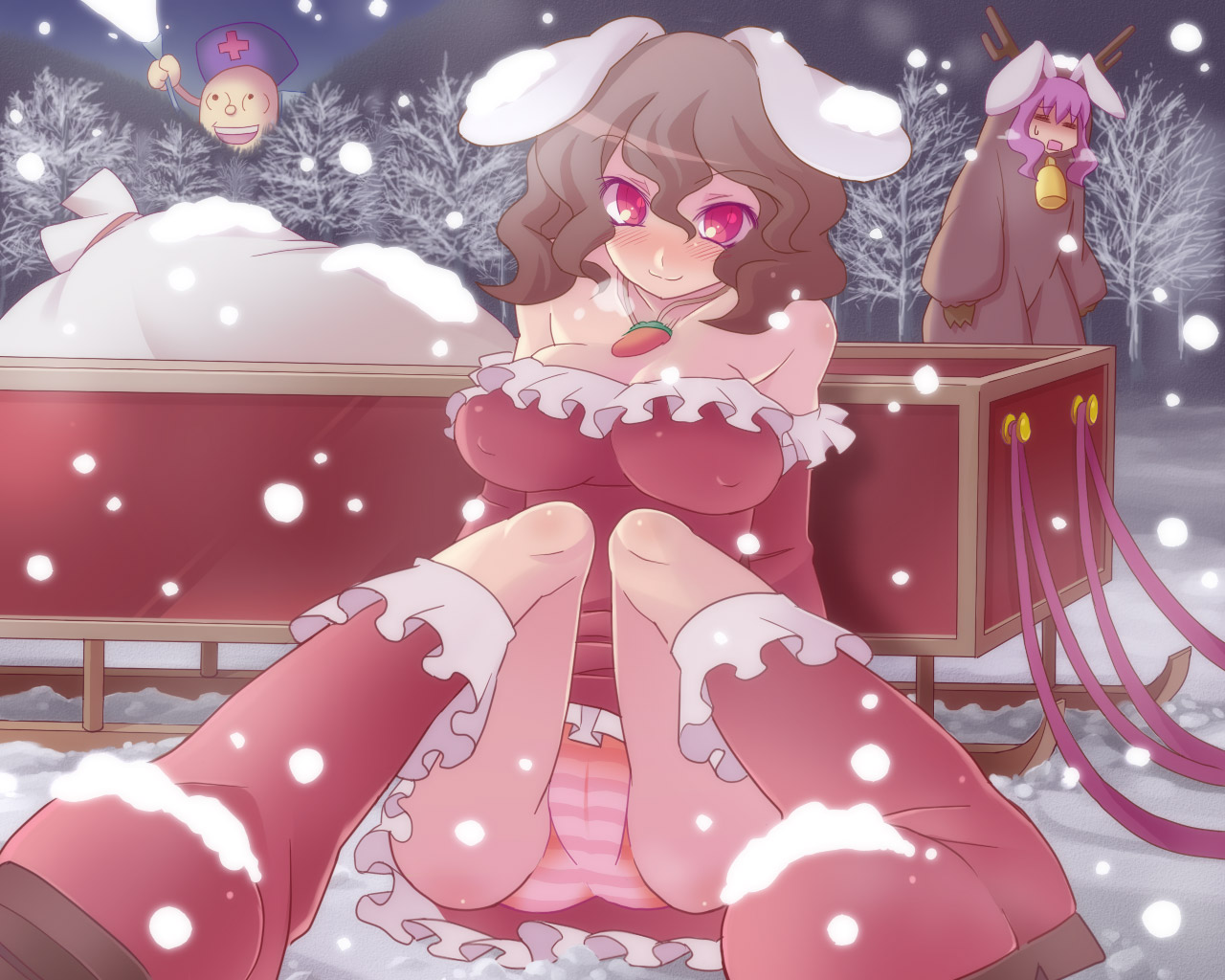 soratobu zippo, inaba tewi, reisen udongein inaba, yagokoro, touhou, 2girls, aged up, animal ears, boots, breasts, brown hair, christmas, female focus, large breasts, long hair, multiple girls, panties, purple hair, rabbit ears, red eyes, short hair, snow, striped clothes, striped panties, underwear