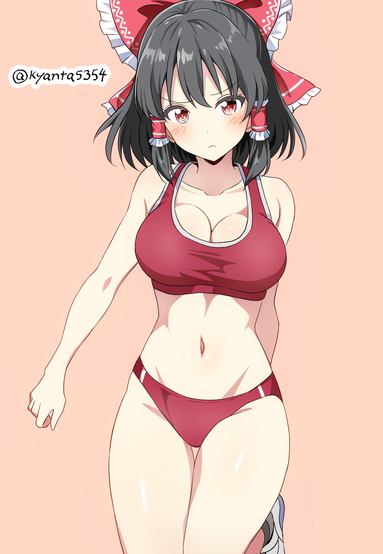 kyanta5354, hakurei reimu, touhou, commentary request, highres, 1girl, blush, bow, breasts, brown hair, buruma, gradient background, hair bow, hair tubes, long hair, looking at viewer, medium breasts, navel, pink eyes, red bow, red buruma, red eyes, red sports bra, solo, sports bra, twitter username