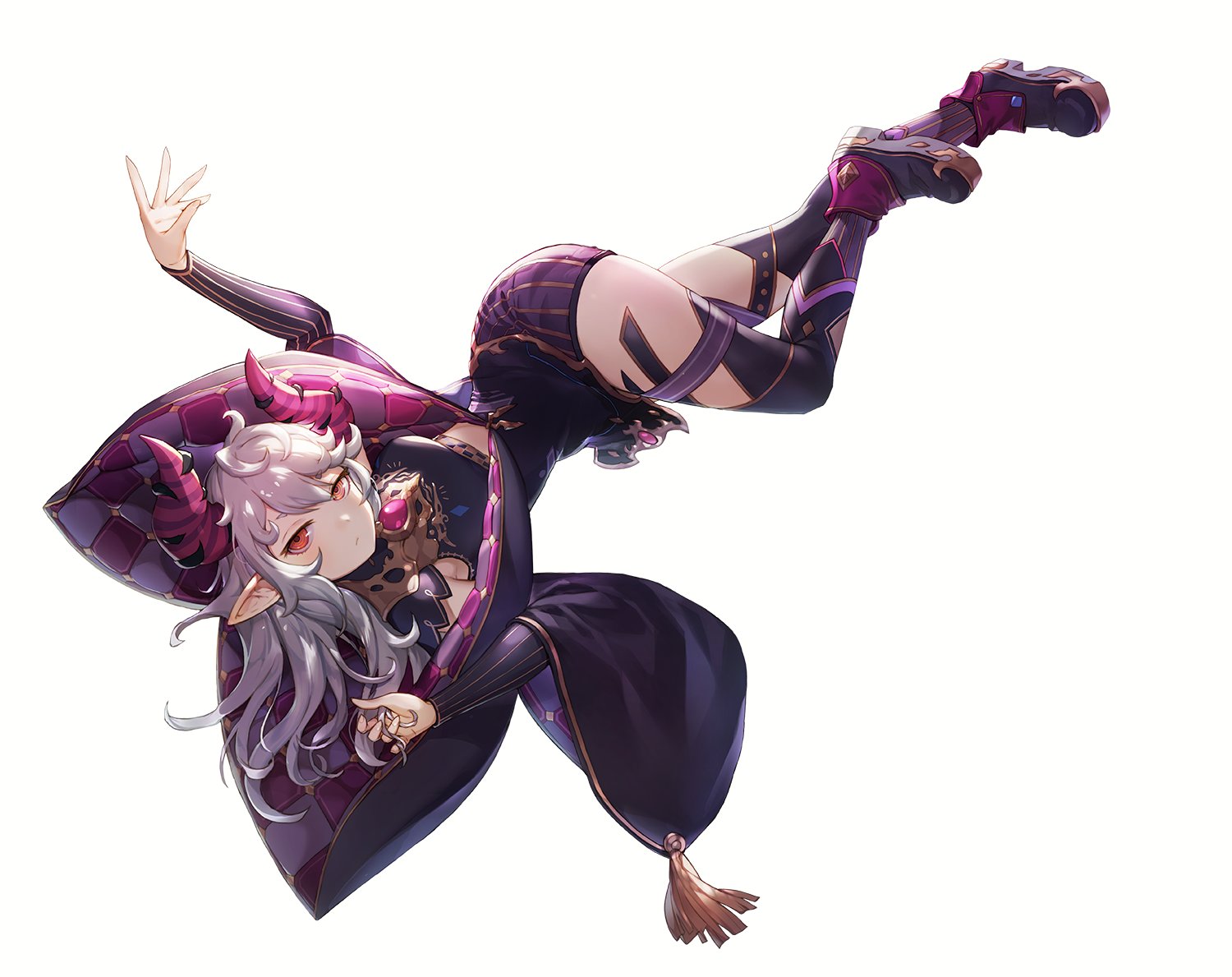 king's raid, artist request, commentary, commentary request, english commentary, korean commentary, mixed-language commentary, official art, second-party source, 1girl, asymmetrical legwear, black jacket, black shirt, black shoes, black thighhighs, demon girl, floating, full body, gem, gremory (king's raid), grey hair, hand in own hair, horns, jacket, long hair, multicolored jacket, pink gem, pink horns, pink jacket, pointy ears, purple horns, purple jacket, purple shoes, purple skirt, red eyes, ringed eyes, shirt, shoes, skirt, solo, striped horns, tank top, tassel, thighhighs, two-sided fabric, two-sided jacket, upside-down, yellow eyes