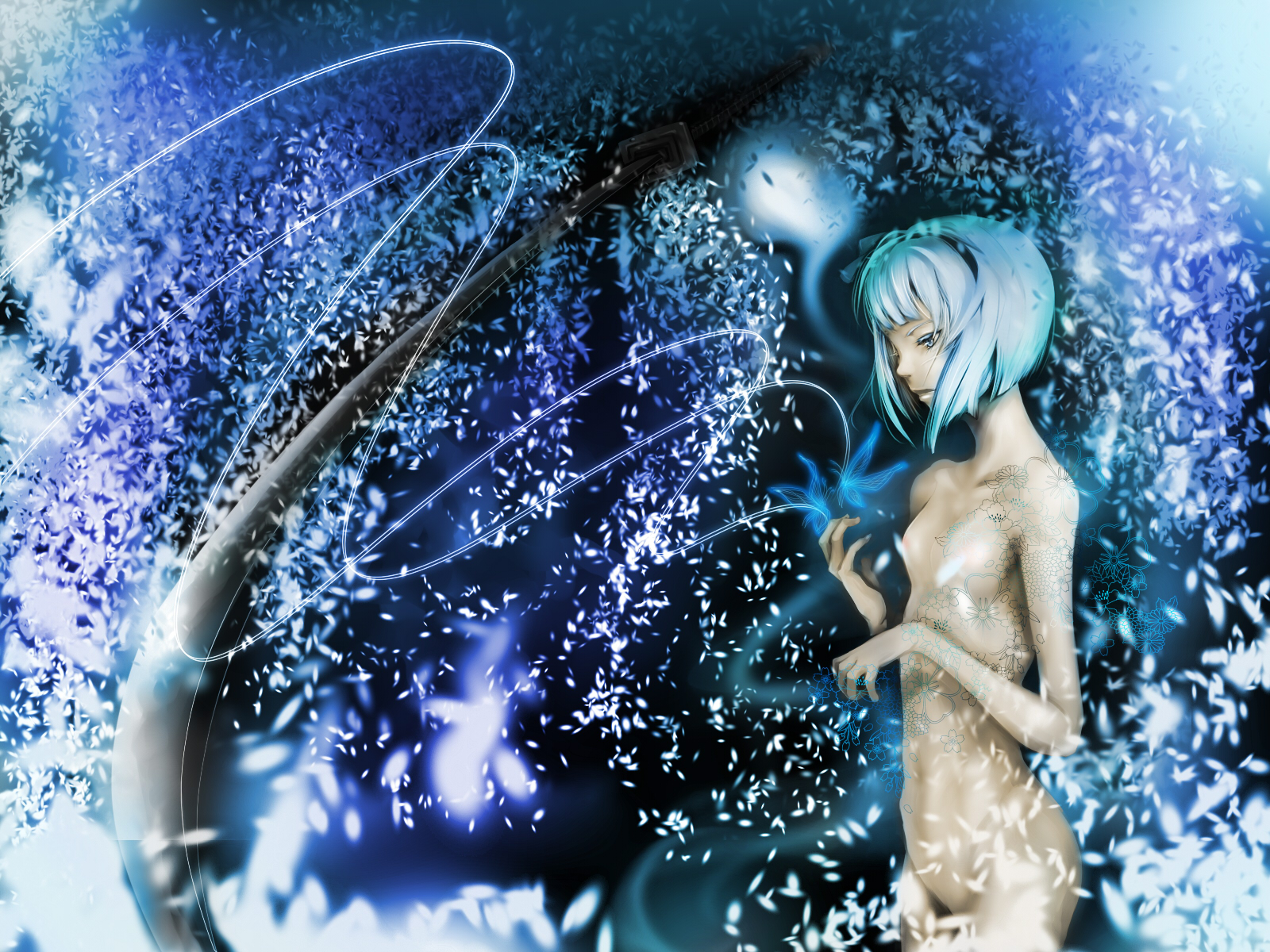 hata hiroyuki, konpaku youmu, konpaku youmu (ghost), touhou, silver hair, highres, 1girl, blue theme, bug, butterfly, dark-skinned female, dark skin, female focus, flat chest, flower, ghost, hairband, hitodama, insect, katana, looking down, nude, perspective, petals, short hair, solo, standing, sword, weapon