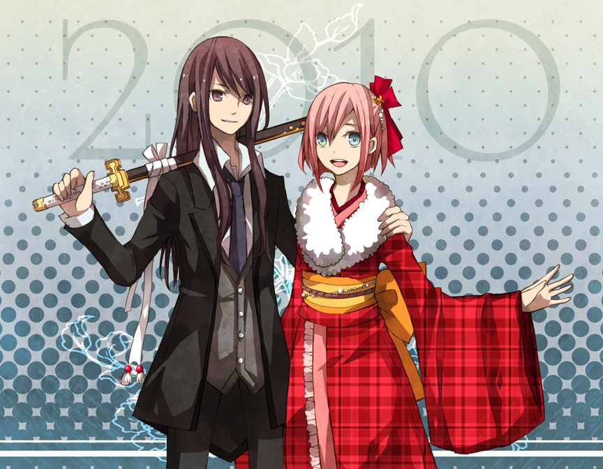 kuro (pixiv), estellise sidos heurassein, yuri lowell, tales of (series), tales of vesperia, bad id, bad pixiv id, 00s, 10s, 1boy, 1girl, 2010, black eyes, black hair, blue background, blue eyes, formal clothes, long hair, new year, pink hair, sword, weapon
