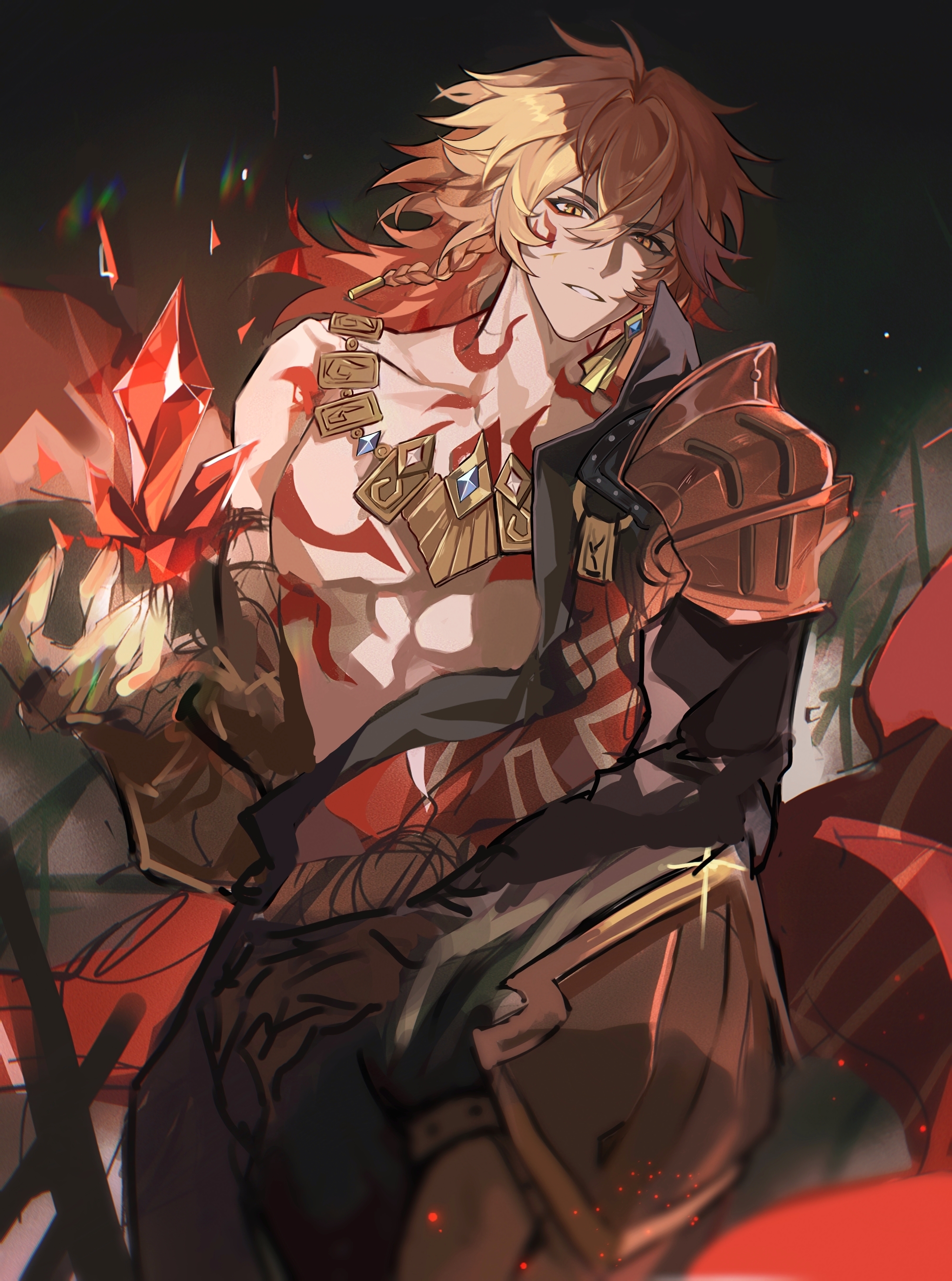 dongfangyuechu701, mydei (honkai: star rail), honkai: star rail, honkai (series), absurdres, chinese commentary, commentary request, highres, 1boy, abs, arm tattoo, armlet, black coat, black pants, blonde hair, braid, chest tattoo, clawed gauntlets, coat, crystal, earrings, facial tattoo, gold earrings, gold necklace, gradient hair, jewelry, leg armor, male focus, medium hair, multicolored hair, necklace, open clothes, open coat, pants, red hair, red tattoo, side braid, solo, tattoo, toned, toned male, yellow eyes