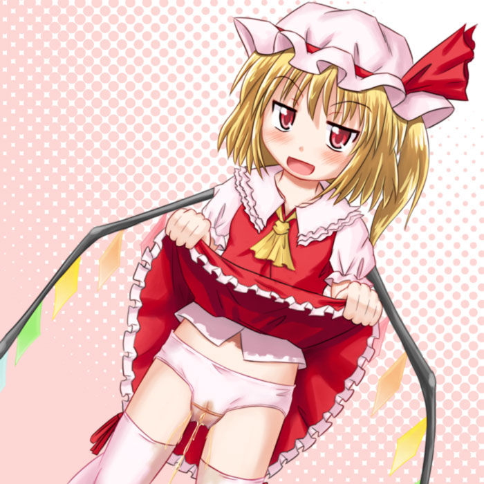 flandre scarlet, touhou, artist request, 1girl, blonde hair, blush, clothes lift, dress, dress lift, female focus, flat chest, loli, panties, peeing, peeing self, pink panties, underwear, wet, wet clothes, wet panties, wings