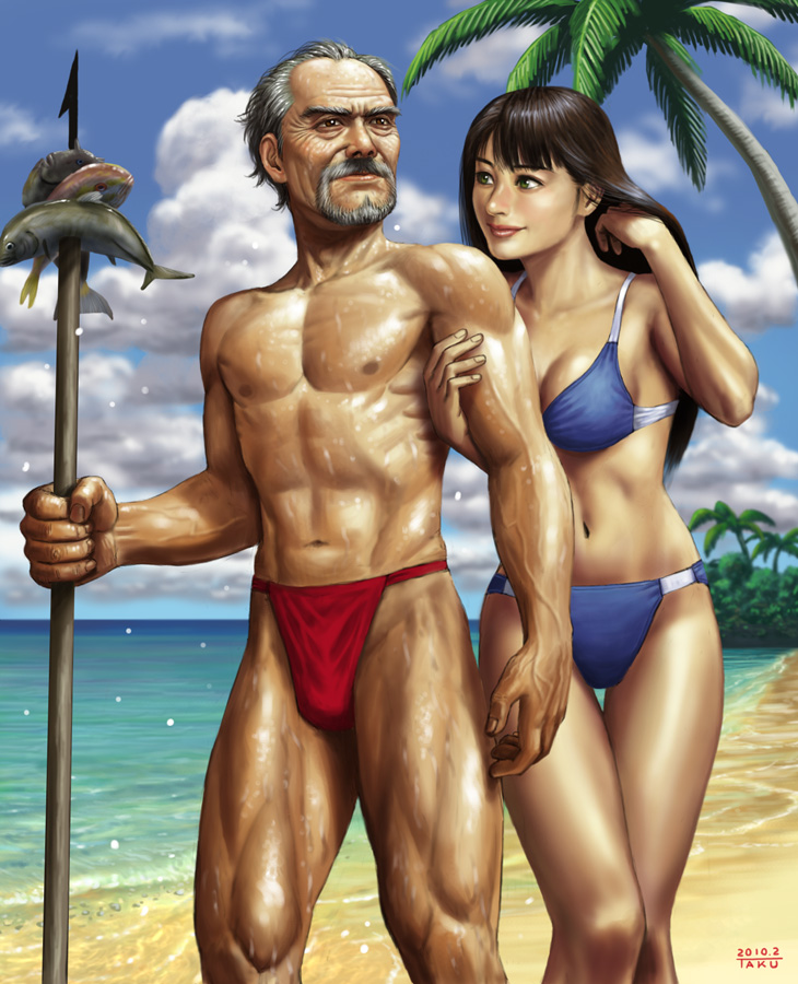 matataku, original, arm grab, 1boy, 1girl, beach, beard, bikini, brown eyes, brown hair, cloud, day, facial hair, fish, fishing, fundoshi, green eyes, hair flip, holding another's arm, japanese clothes, long hair, manly, muscular, ocean, old, old man, outdoors, palm tree, polearm, sky, smile, spear, swimsuit, tree, veins, weapon
