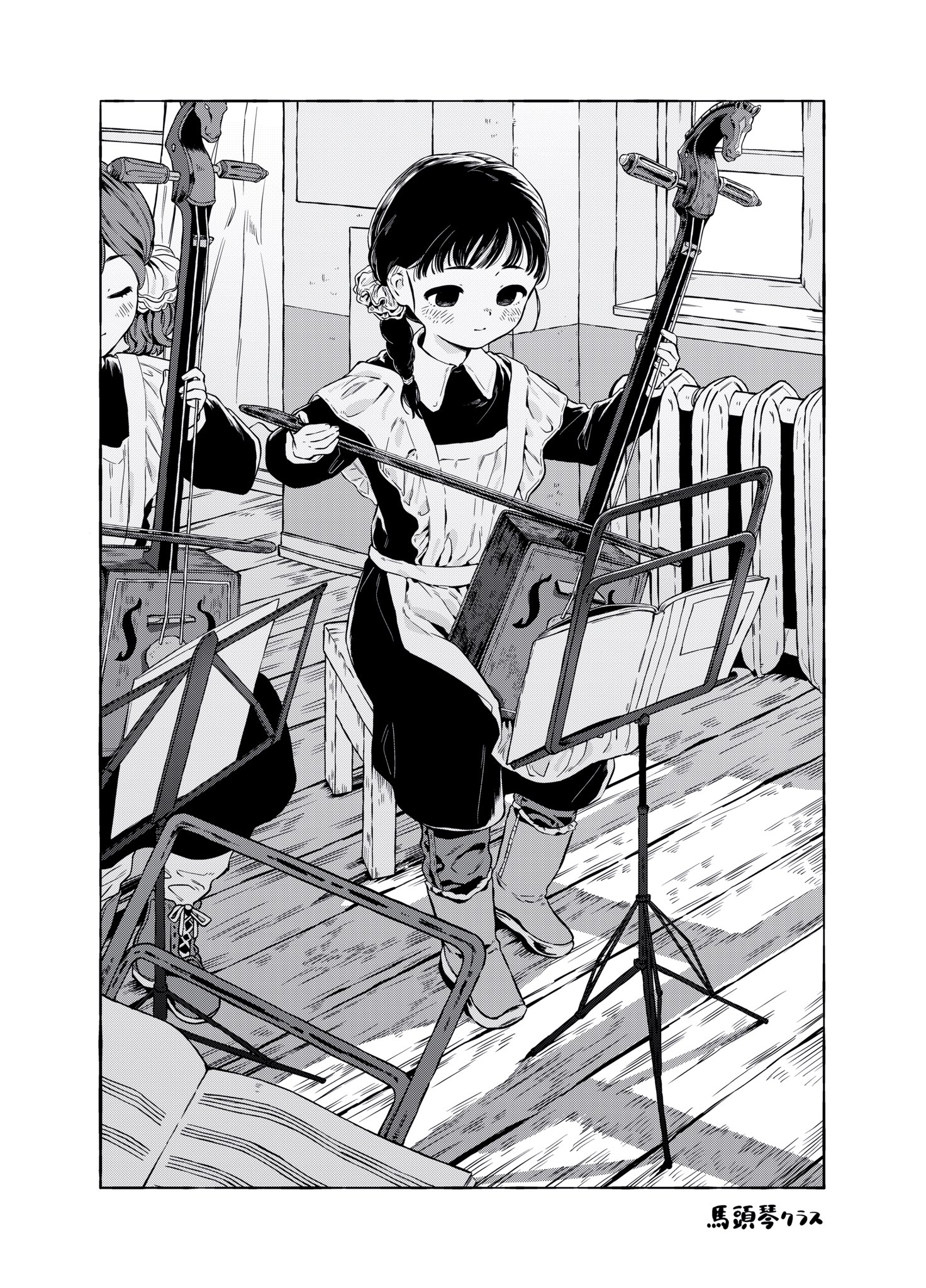 original, commentary, highres, symbol-only commentary, 2girls, apron, boots, border, bow (music), collared dress, dress, greyscale, hair ornament, hair scrunchie, indoors, instrument, laoniujin030, long sleeves, monochrome, morin khuur, multiple girls, music, music stand, playing instrument, scrunchie, stool, wooden floor