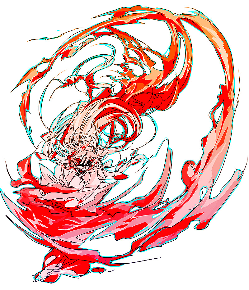 hattori masahiko, fujiwara no mokou, touhou, bad id, bad pixiv id, 1girl, angry, female focus, fire, monochrome, open mouth, orange theme, pink theme, simple background, solo, white background