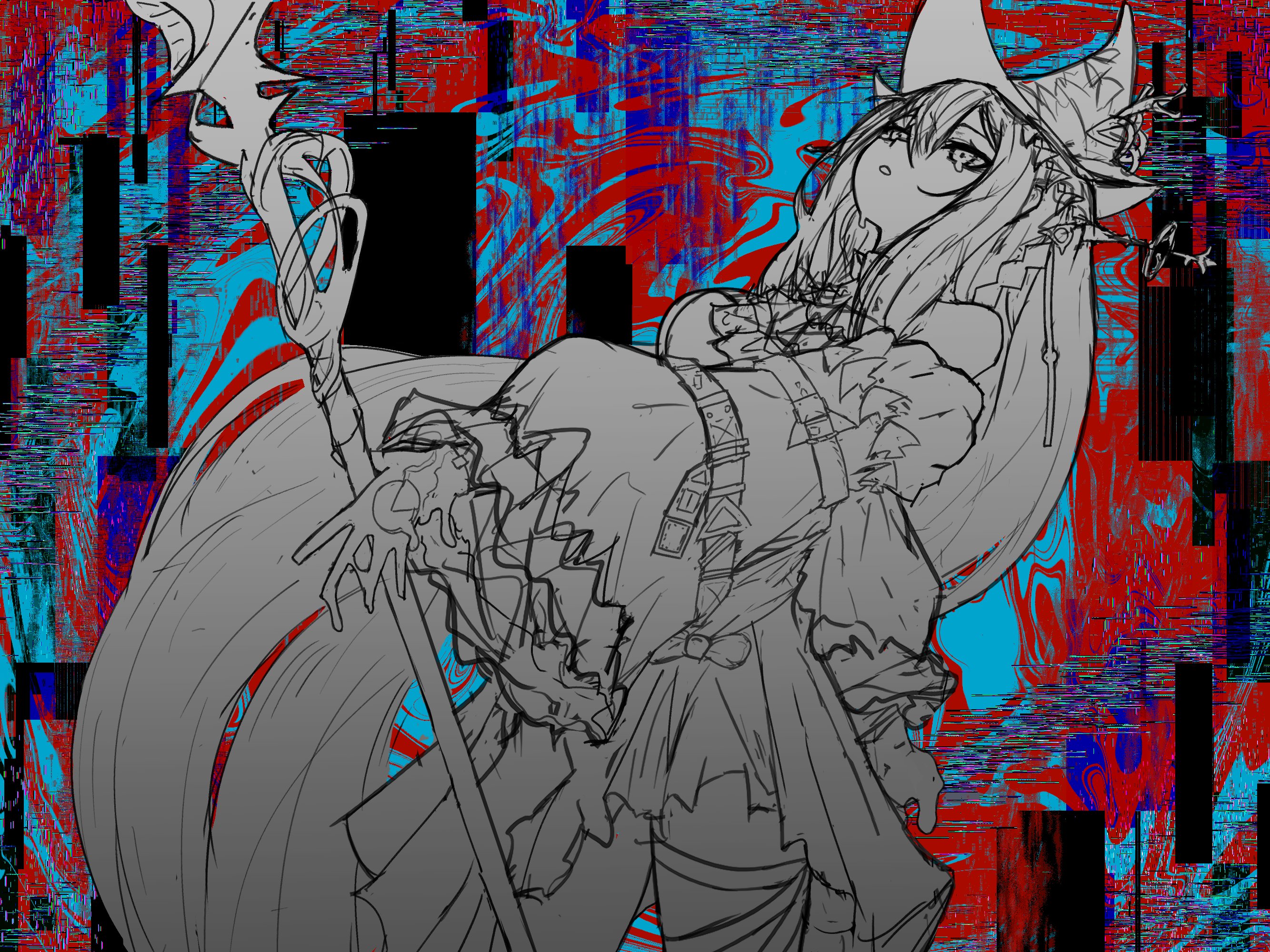 mooswig, skadi (arknights), skadi the corrupting heart (arknights), arknights, highres, 1girl, abstract background, bare shoulders, belt, bow, dress, glitch, gloves, greyscale with colored background, hair ornament, hair stick, hat, holding, holding staff, long sleeves, melting, off-shoulder dress, off shoulder, solo, staff, watch, wristwatch