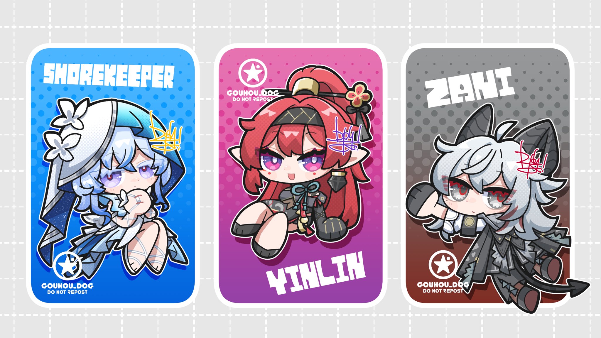 dog-san, shorekeeper (wuthering waves), yinlin (wuthering waves), zani (wuthering waves), wuthering waves, commentary, highres, symbol-only commentary, 3girls, ahoge, artist logo, black hairband, black horns, black jacket, blue hair, blue veil, character name, chibi, chibi only, colored eyelashes, curled horns, earrings, grey eyes, hair ornament, hair stick, hairband, high ponytail, horns, jacket, jewelry, logo, long hair, looking at viewer, multiple girls, open mouth, pointy ears, ponytail, purple eyes, red hair, sidelocks, smile, two-tone veil, veil, white veil