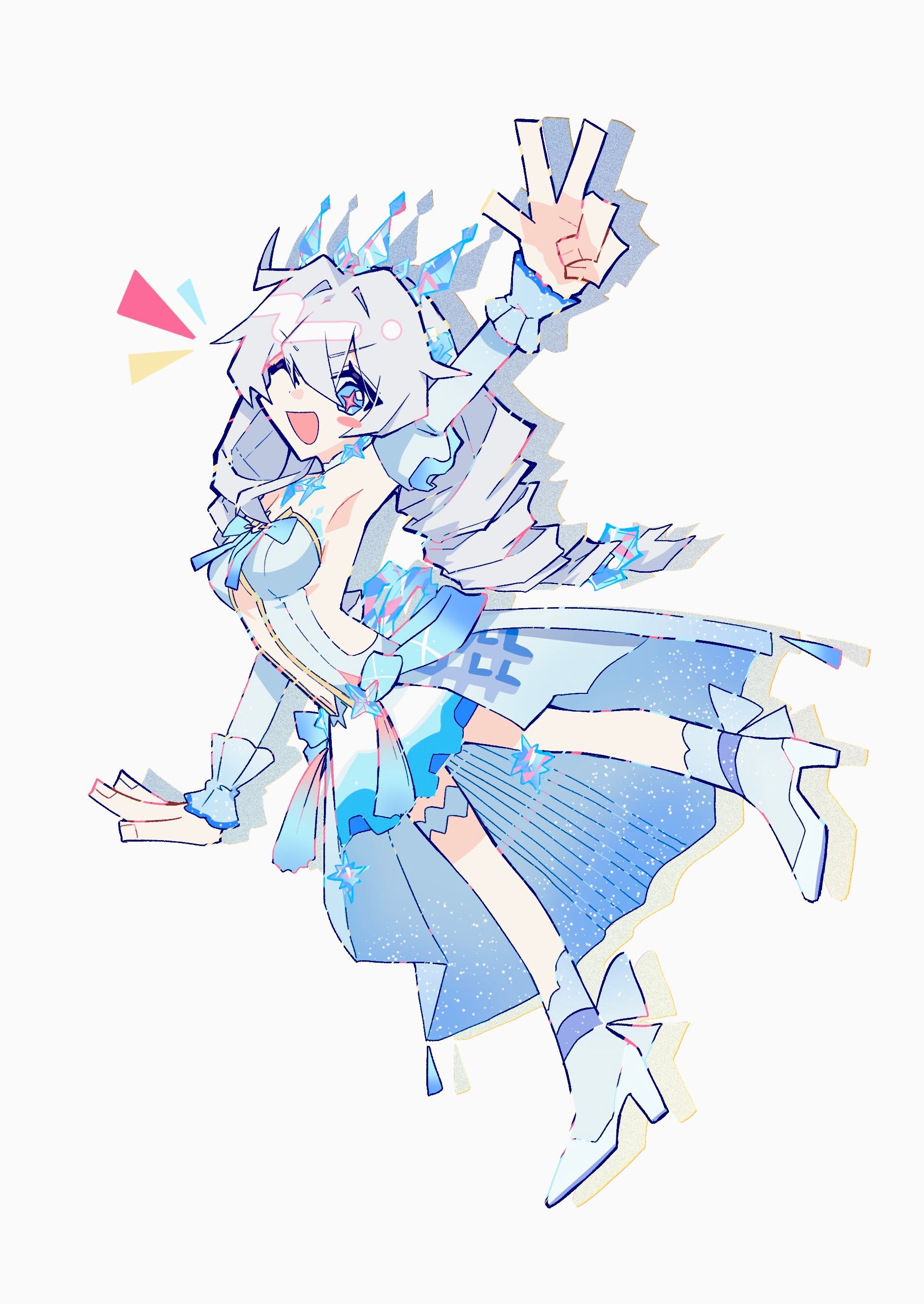 mi (27782900), kiana kaslana, kiana kaslana (ba-dum! fiery wishing star), kiana kaslana (wintery wishes), honkai (series), honkai impact 3rd, absurdres, commentary request, highres, korean commentary, 1girl, ;o, blue eyes, breasts, cross-shaped pupils, dress, drill hair, high heels, long hair, medium breasts, official alternate costume, one eye closed, sideless dress, simple background, smile, solo, symbol-shaped pupils, tiara, very long hair, w, white background, white dress, white hair, wrist cuffs